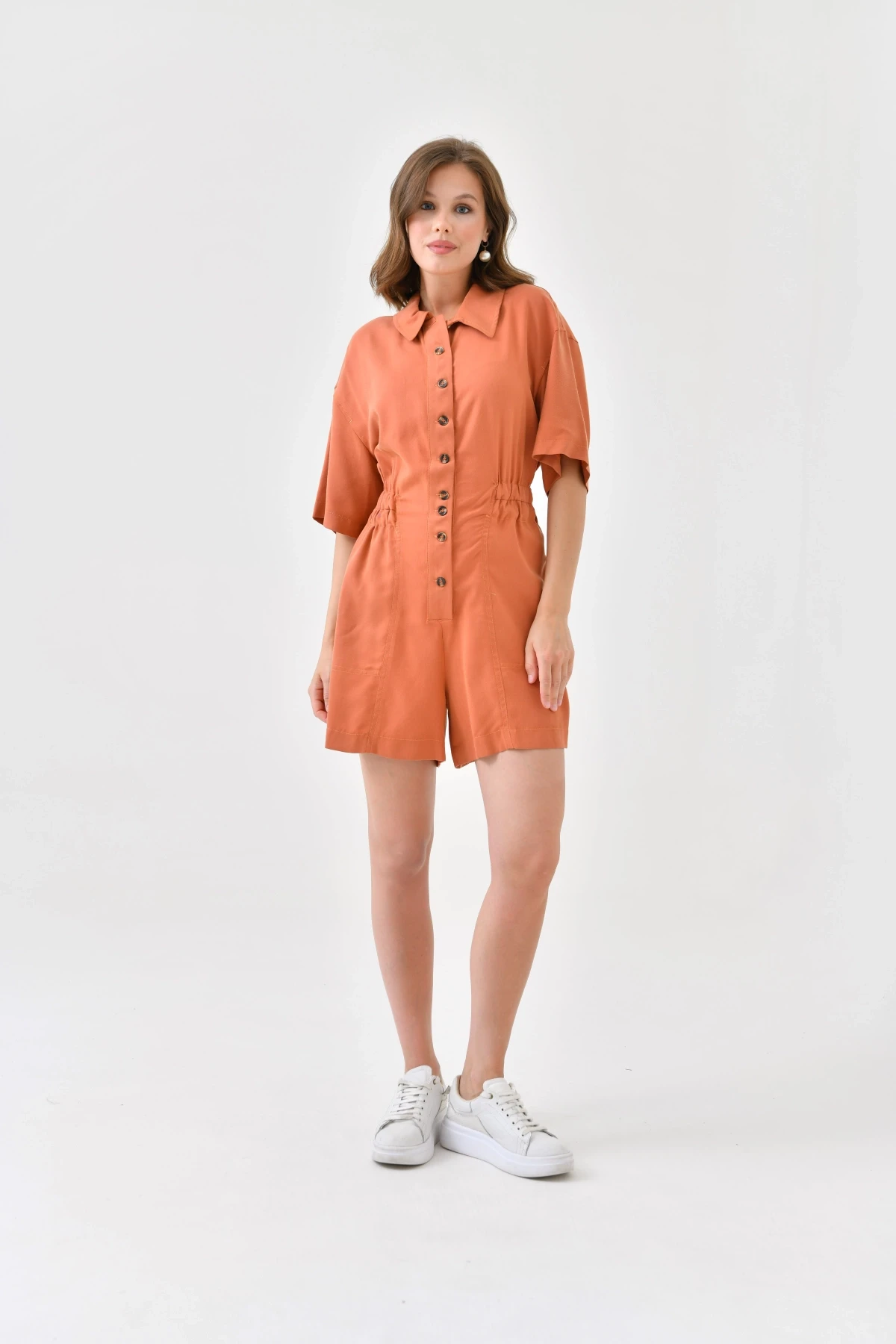 Kadın Düşük Kollu Bel Lastikli Düğme Detay Tencel Tulum