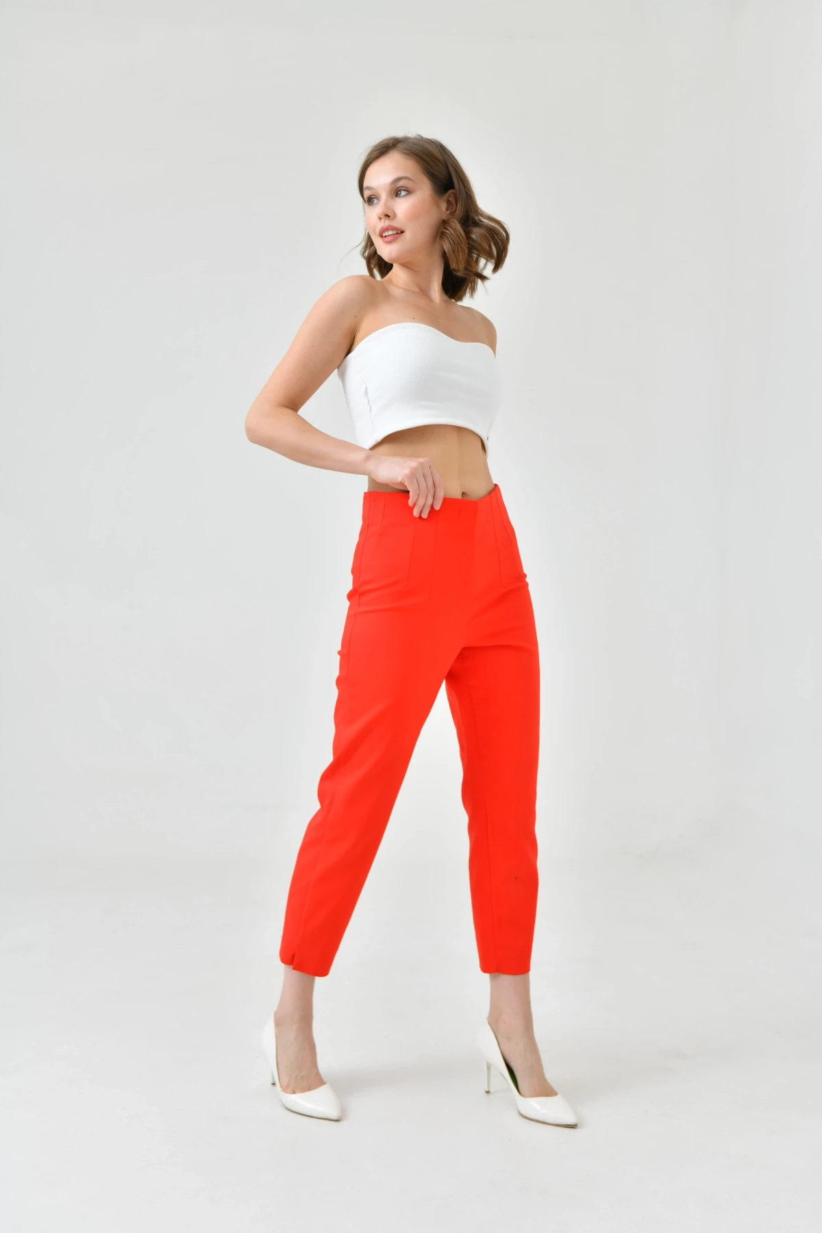 Womens Red Waist Plier Classic Fabric Trousers