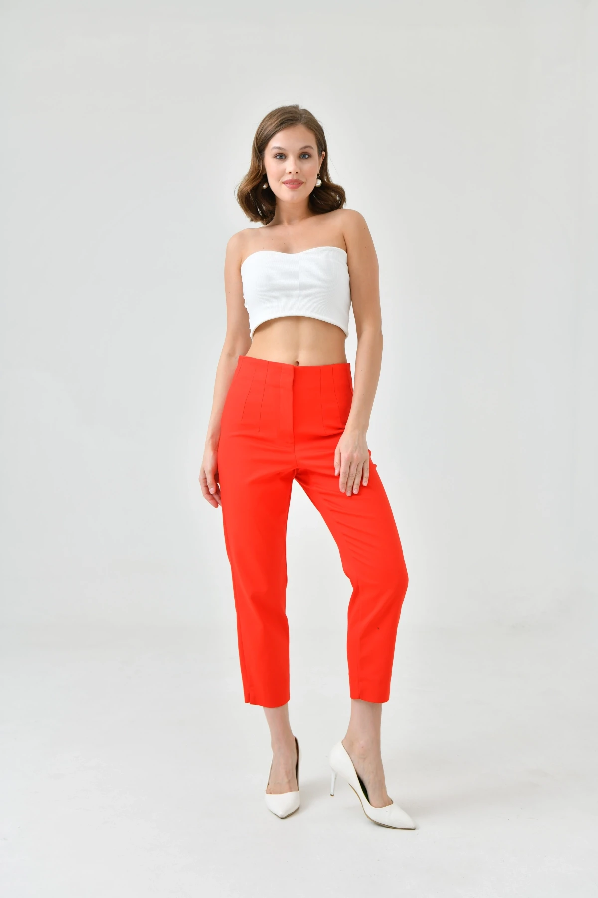 Womens Red Waist Plier Classic Fabric Trousers