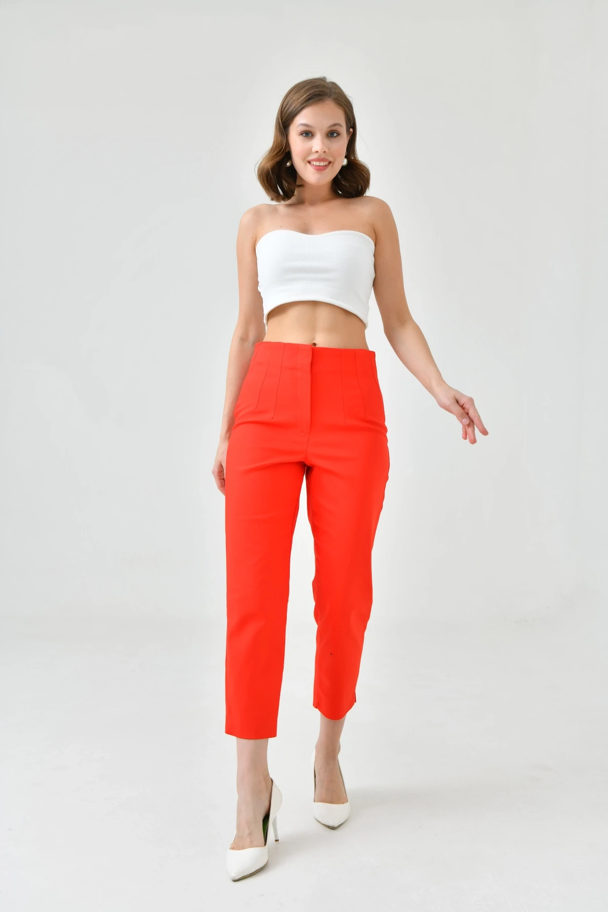 Womens Red Waist Plier Classic Fabric Trousers