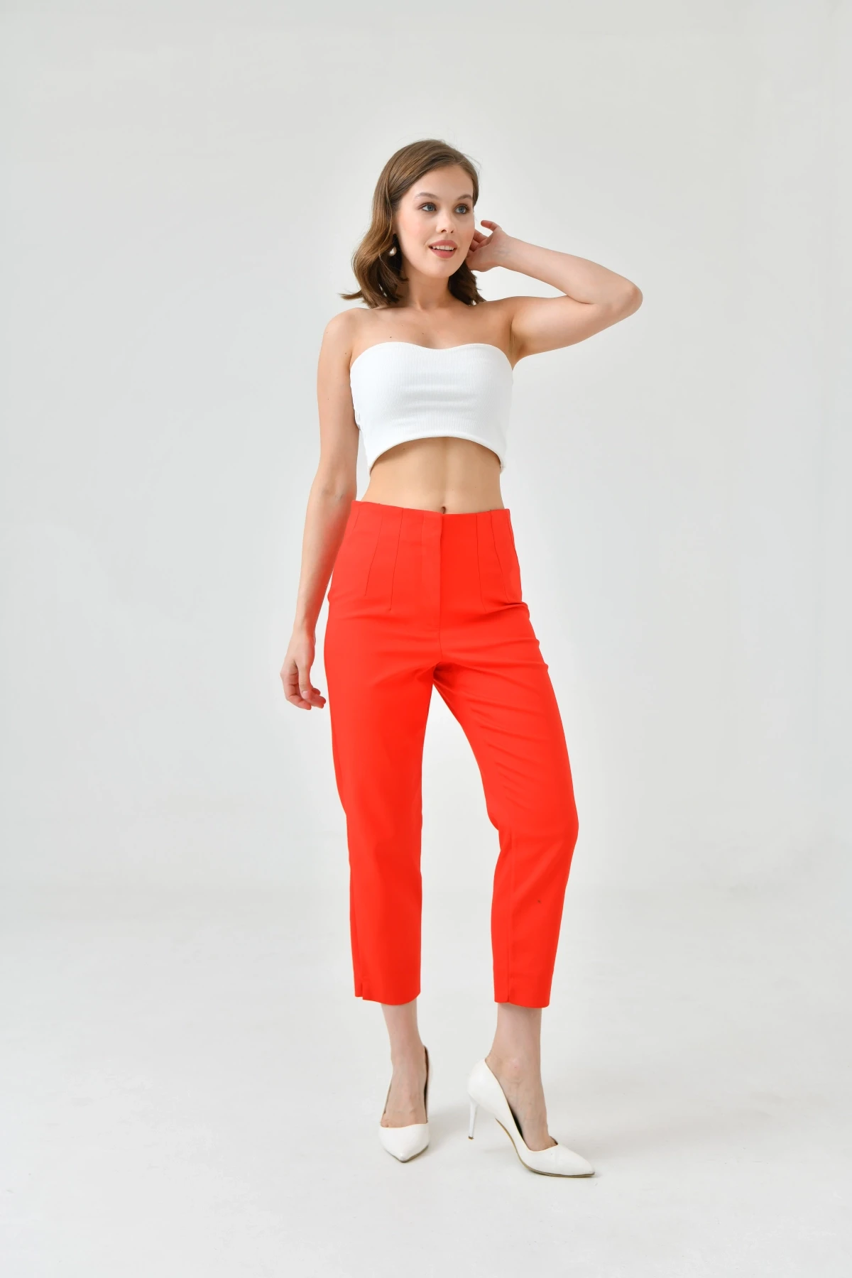 Womens Red Waist Plier Classic Fabric Trousers