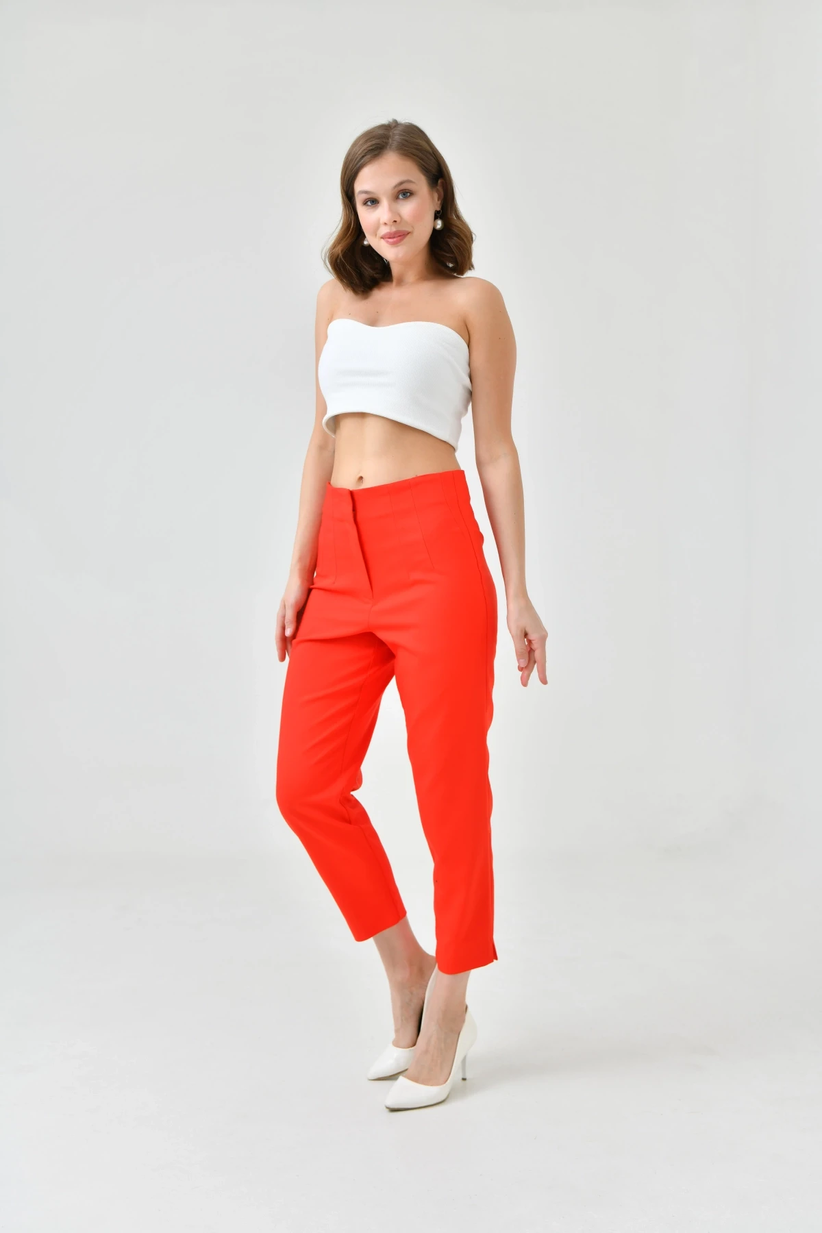 Womens Red Waist Plier Classic Fabric Trousers