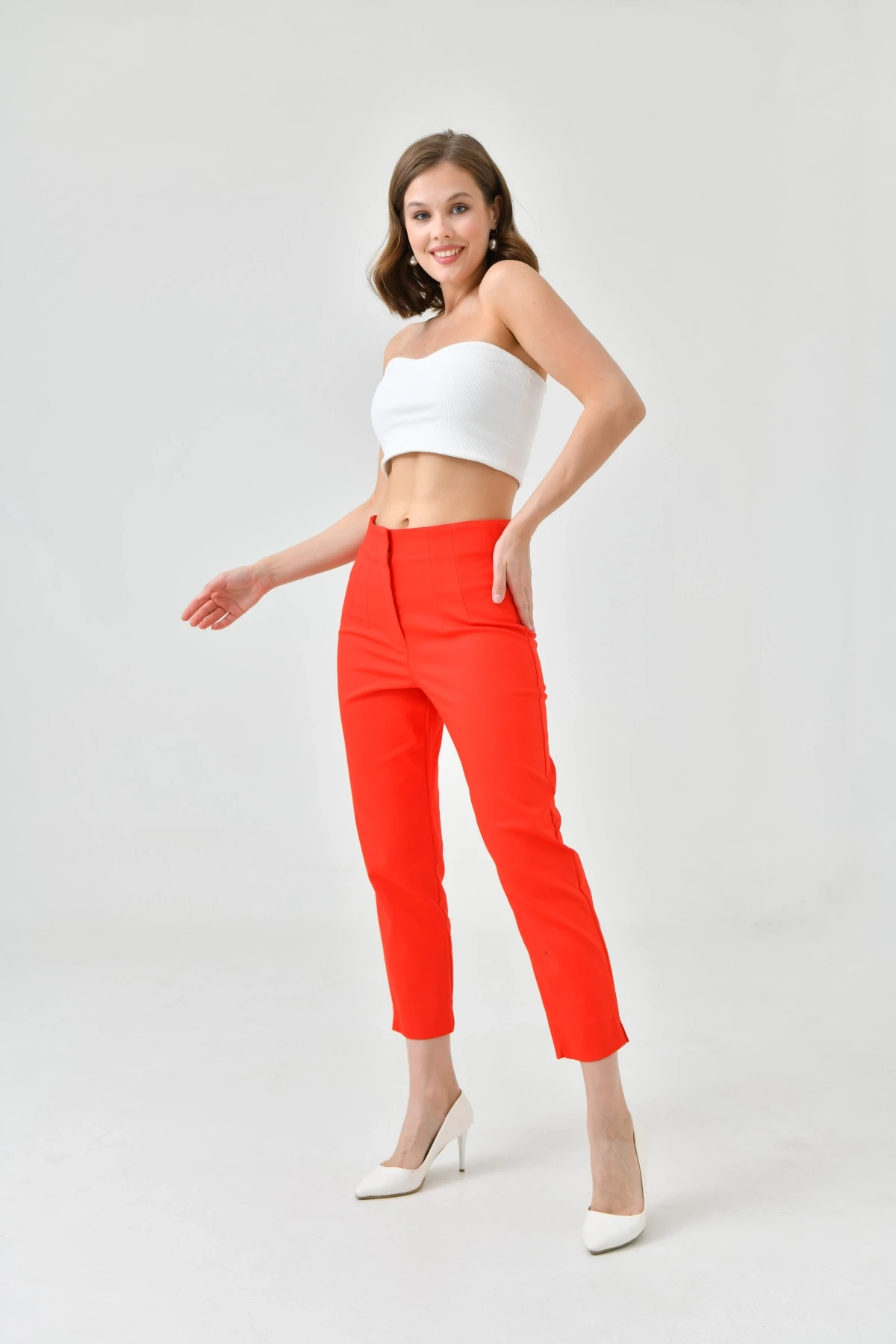 Womens Red Waist Plier Classic Fabric Trousers