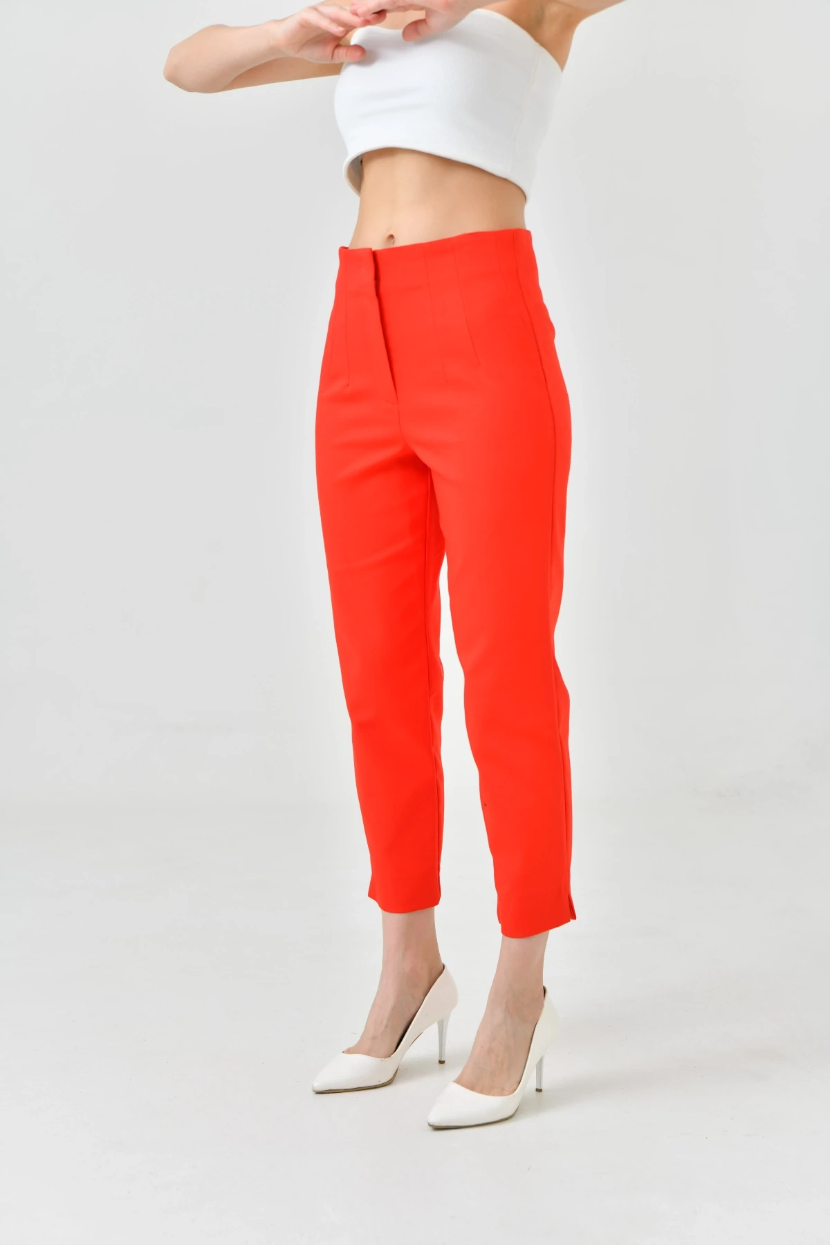 Womens Red Waist Plier Classic Fabric Trousers