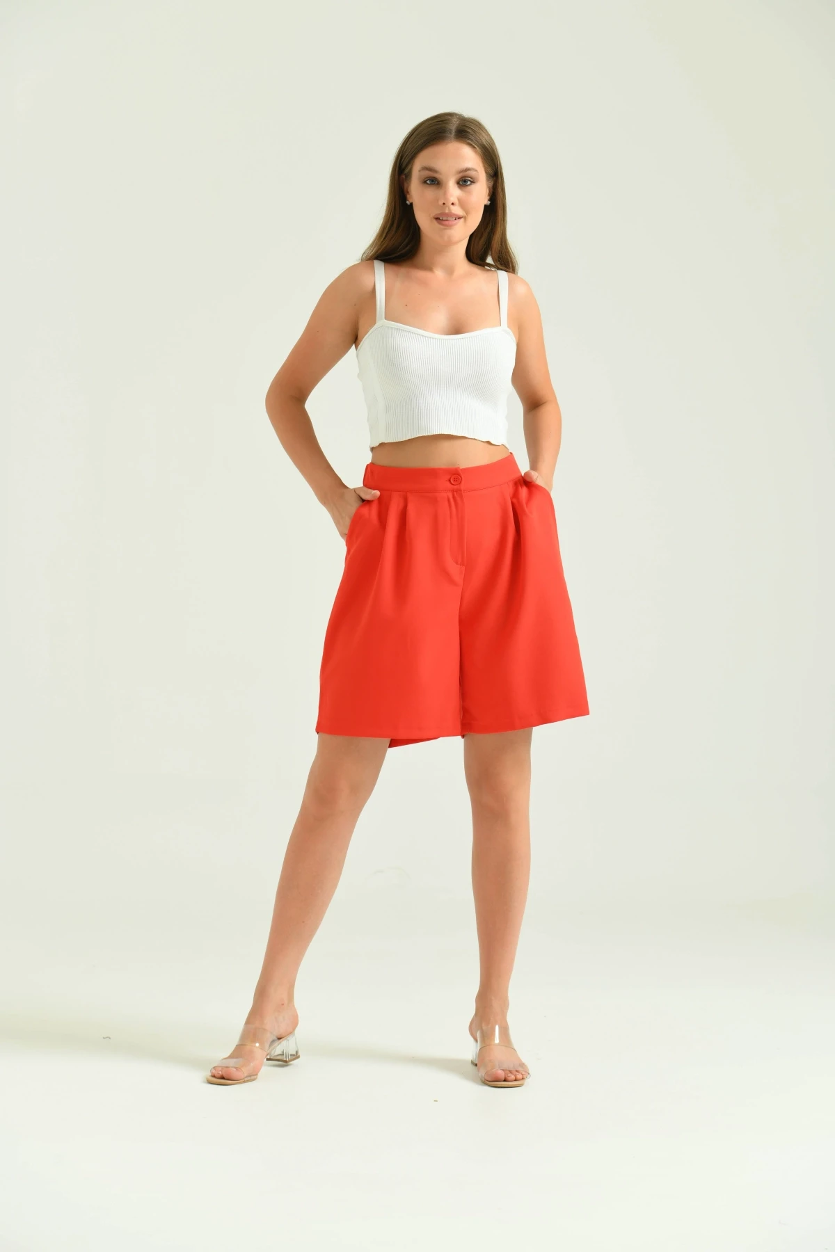 Kadın Nar Uzun Basic Kumaş Şort