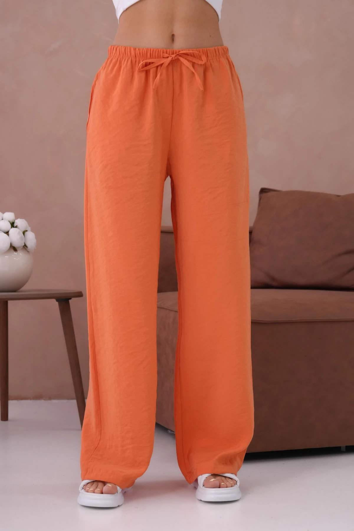 Yüksek Bel Lastikli Bol Paça Palazzo Dokuma Pantolon