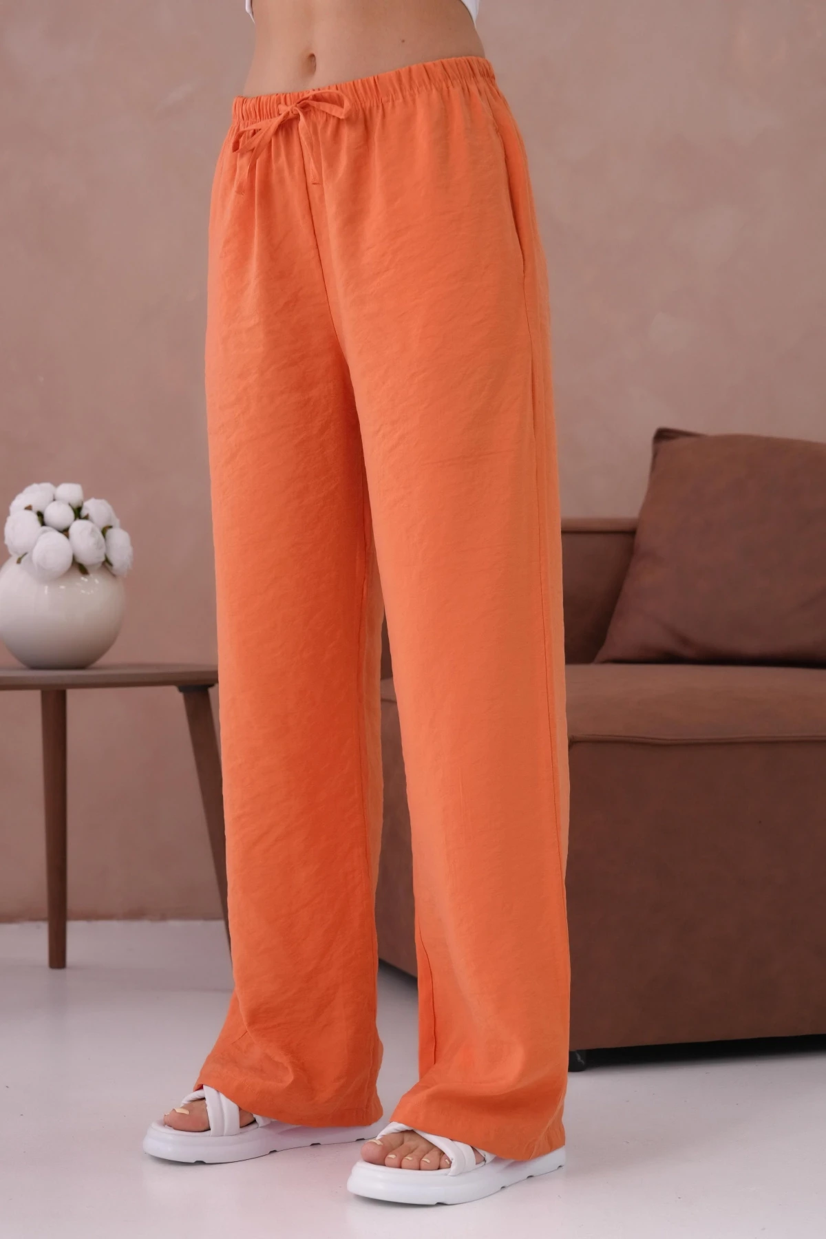 Yüksek Bel Lastikli Bol Paça Palazzo Dokuma Pantolon