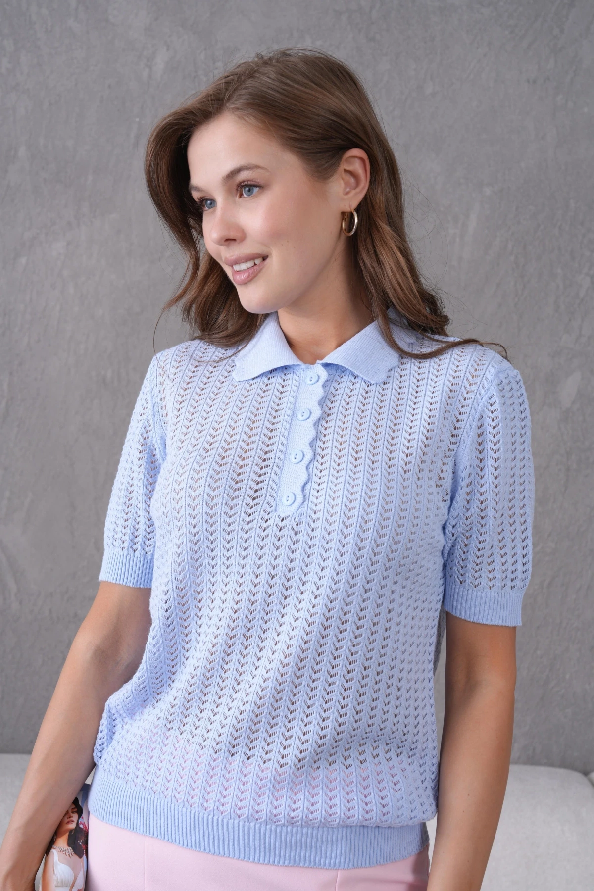 Polo Yaka Ajurlu Kısa Kol Polo Triko Kazak