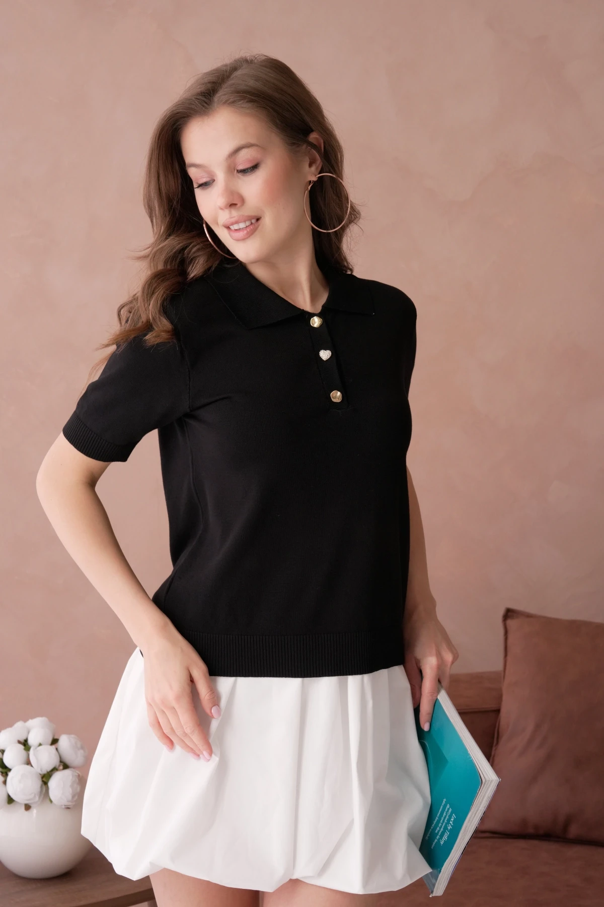 Polo Yaka Düğme Detaylı Triko Kazak