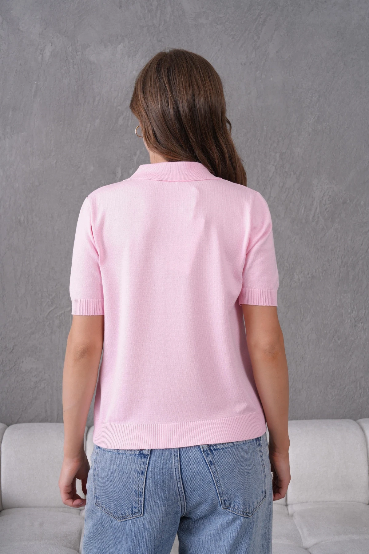 Polo Yaka Düğme Detaylı Triko Kazak