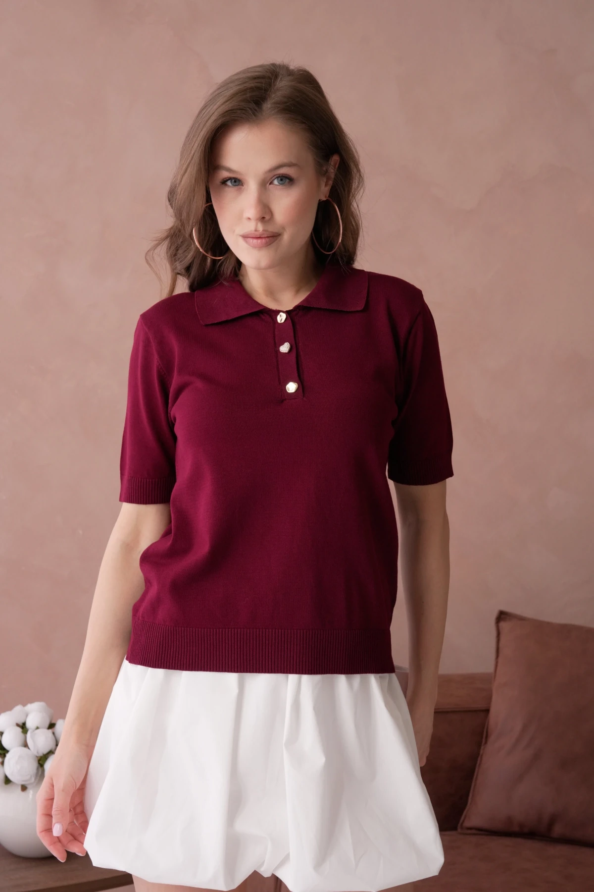 Polo Yaka Düğme Detaylı Triko Kazak