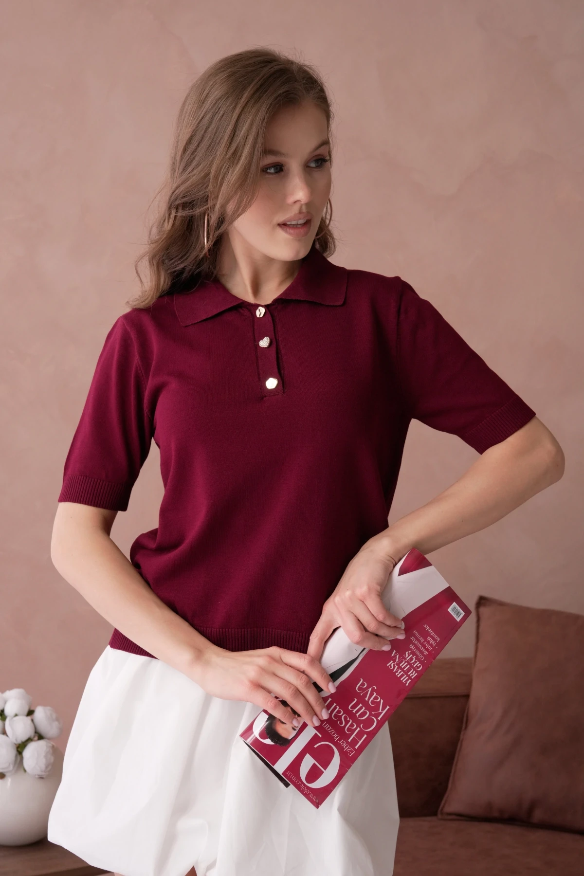 Polo Yaka Düğme Detaylı Triko Kazak