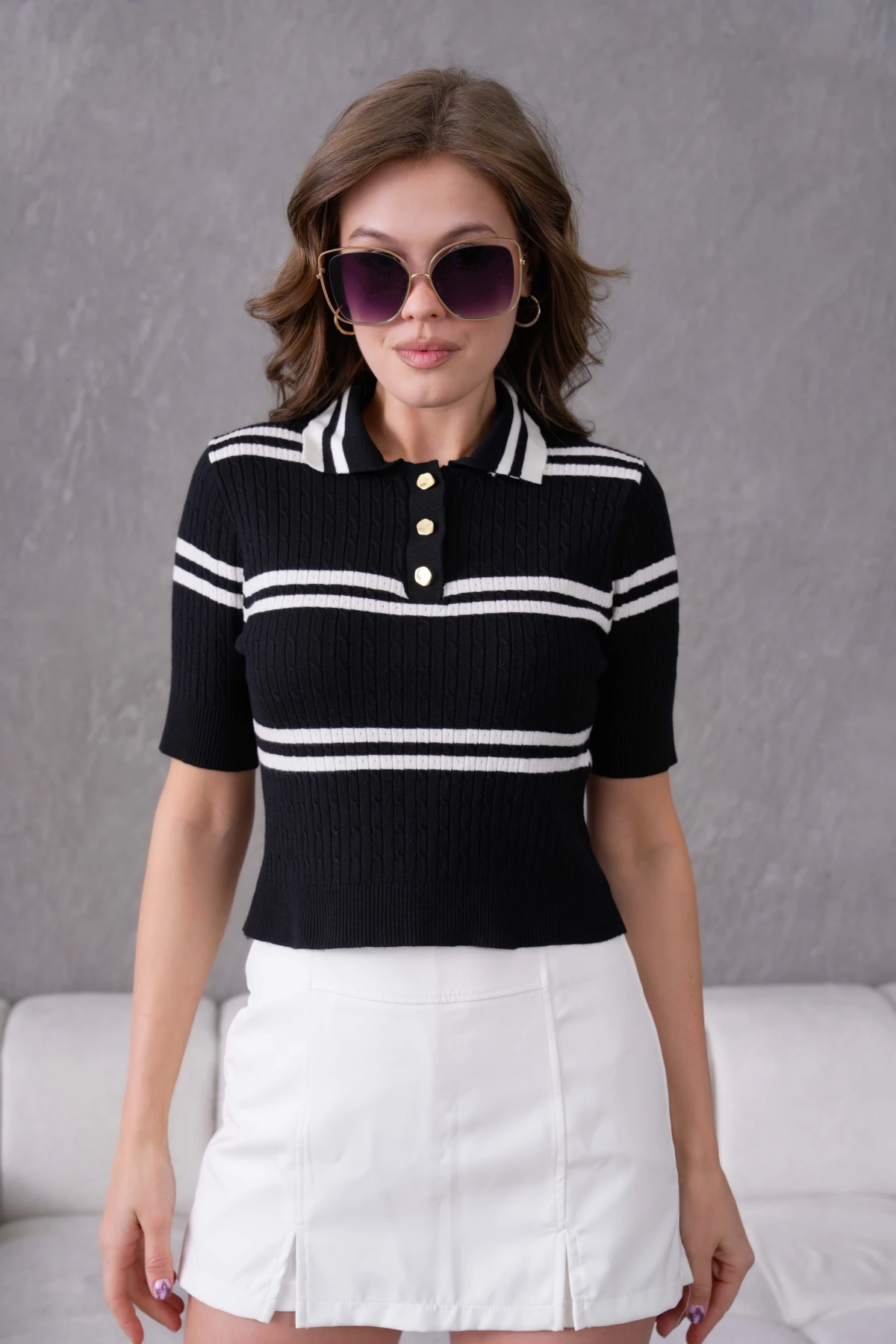 Kısa Kol Çizgili Viscon Triko Kazak