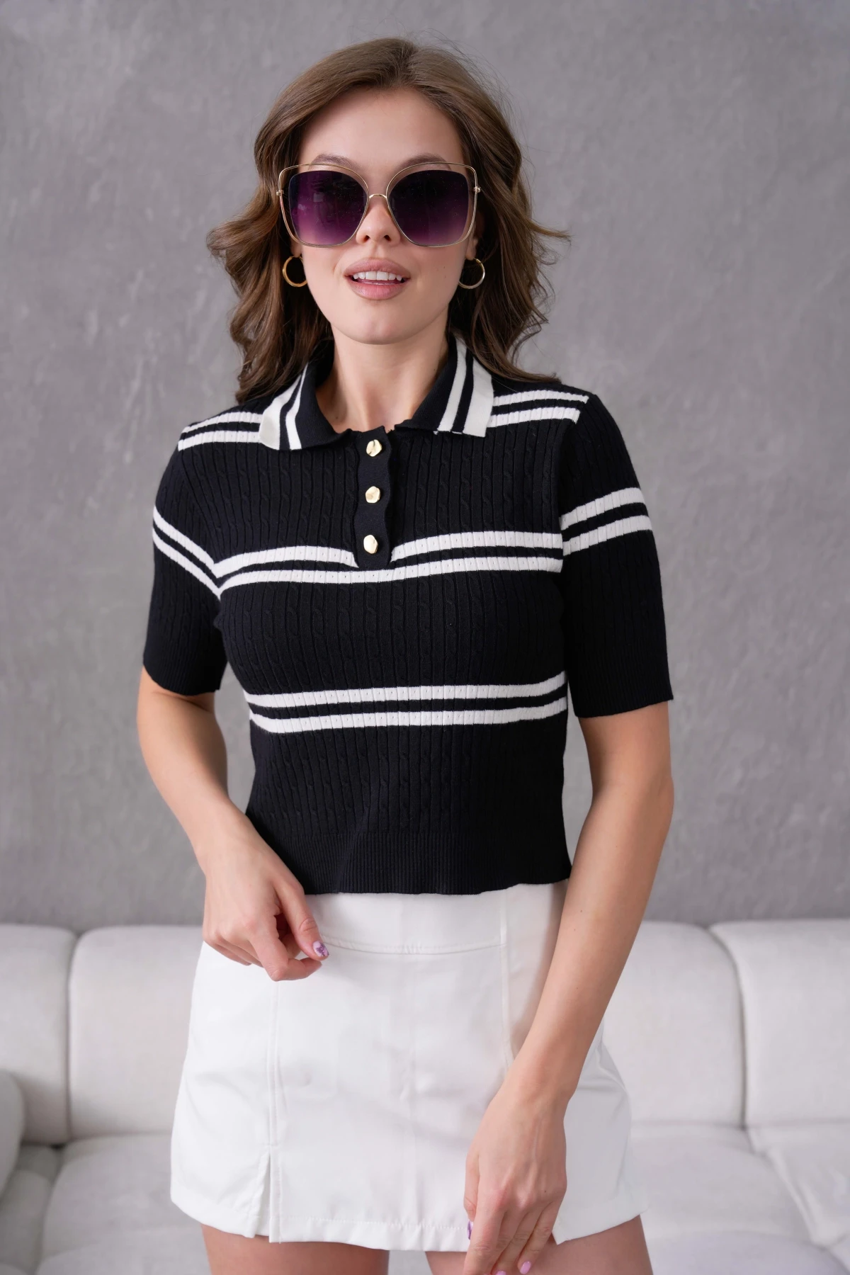 Kısa Kol Çizgili Viscon Triko Kazak