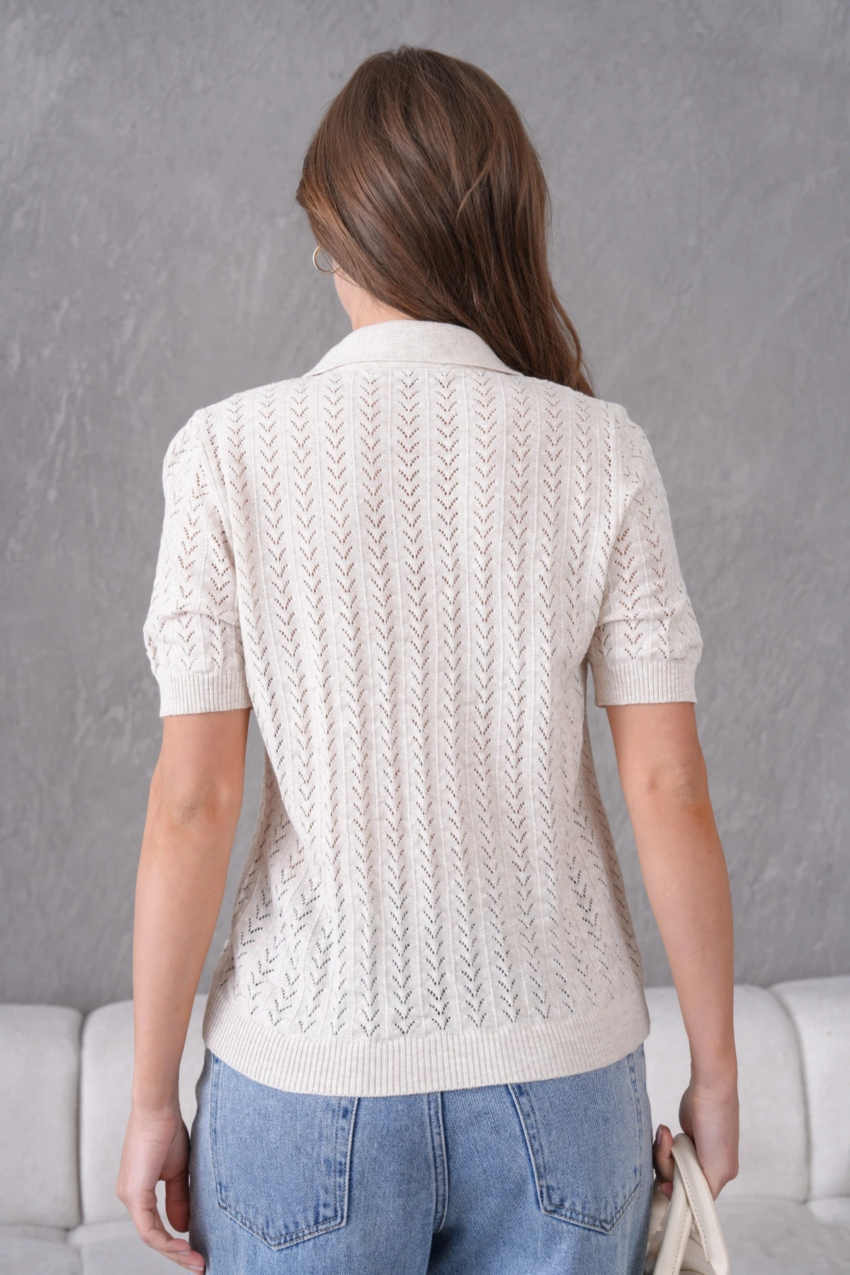 Polo Yaka Kısa Kol Ajurlu Polo Triko Kazak