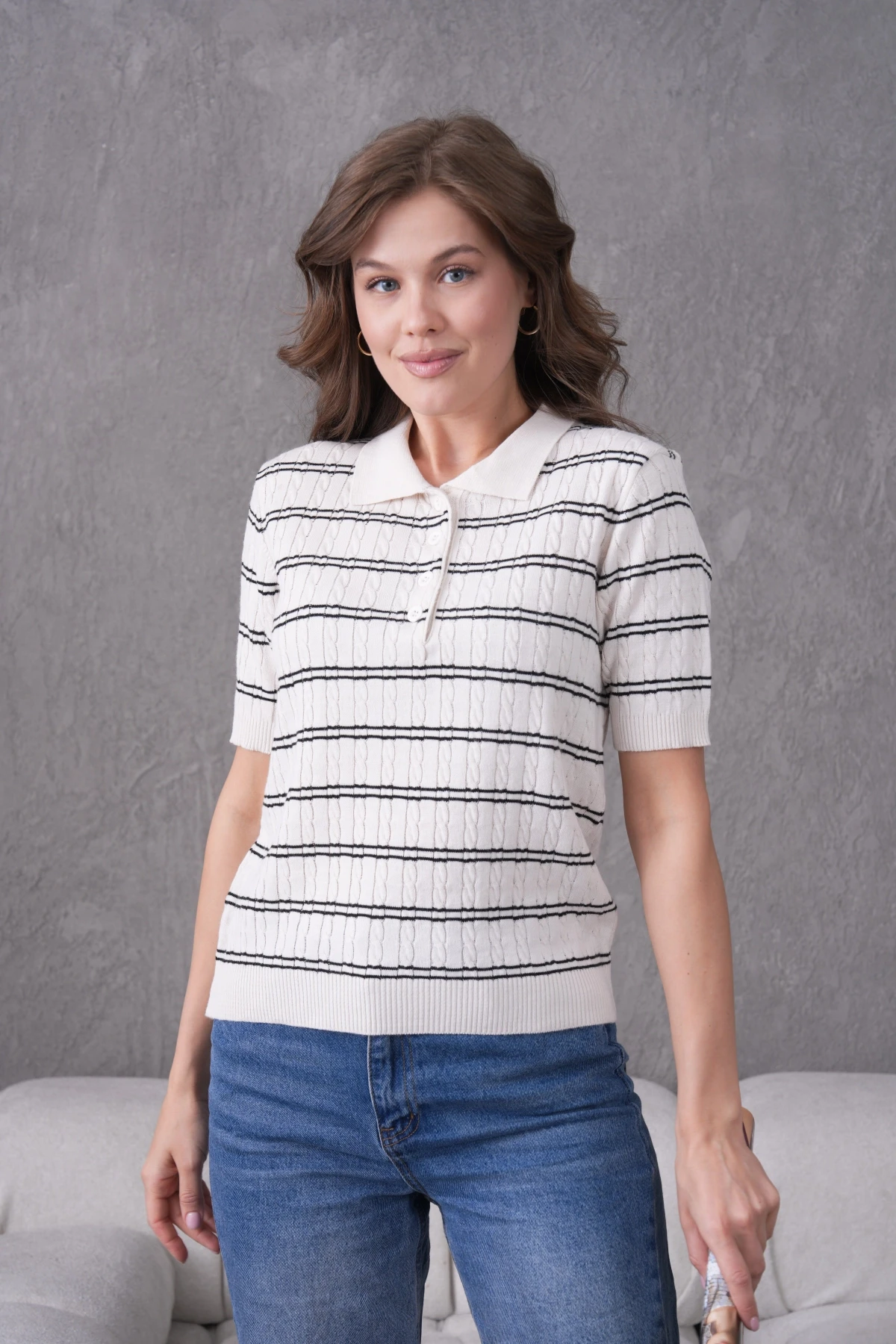 Polo Yaka Kısa Kol Desenli Polo Triko Kazak