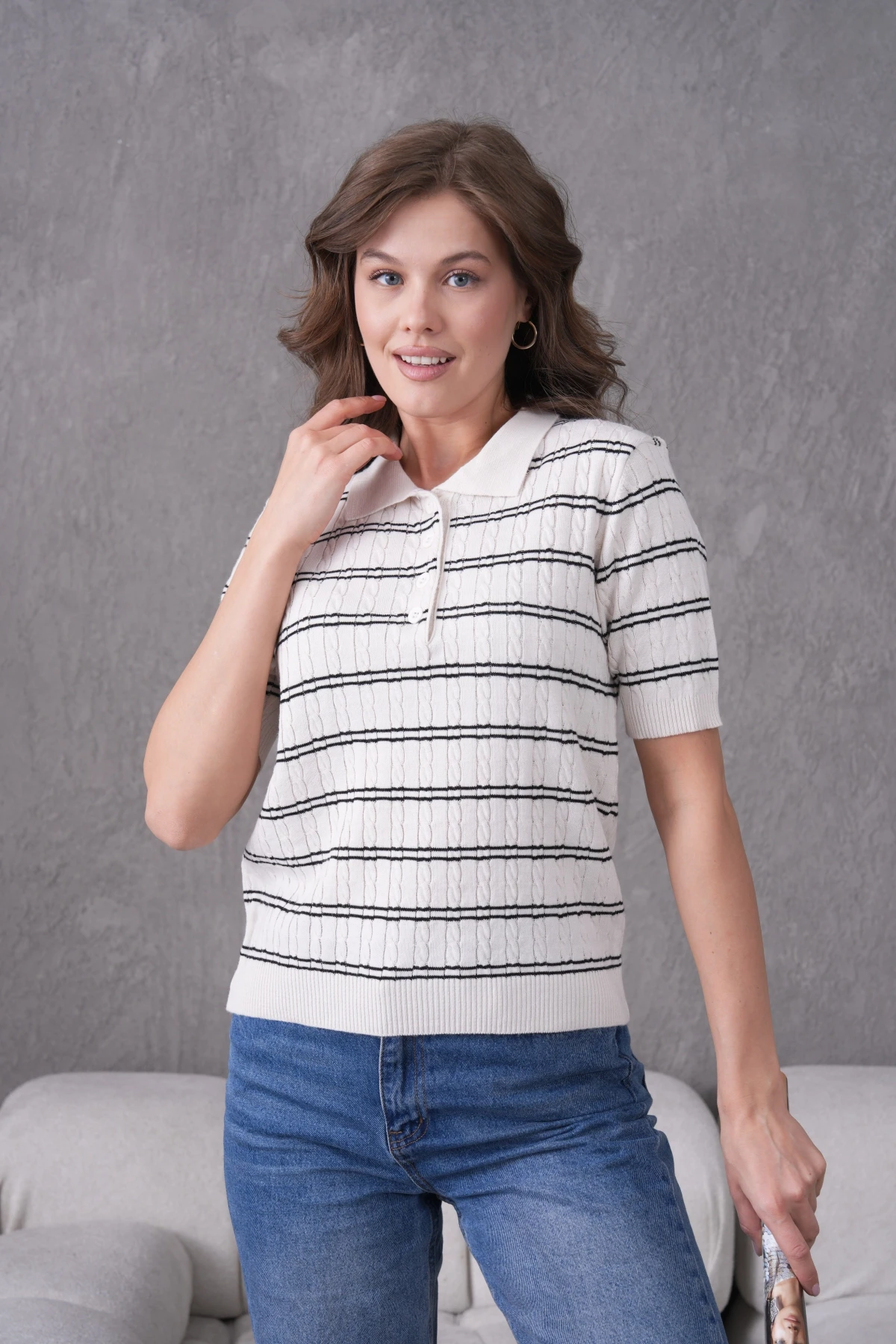 Polo Yaka Kısa Kol Desenli Polo Triko Kazak