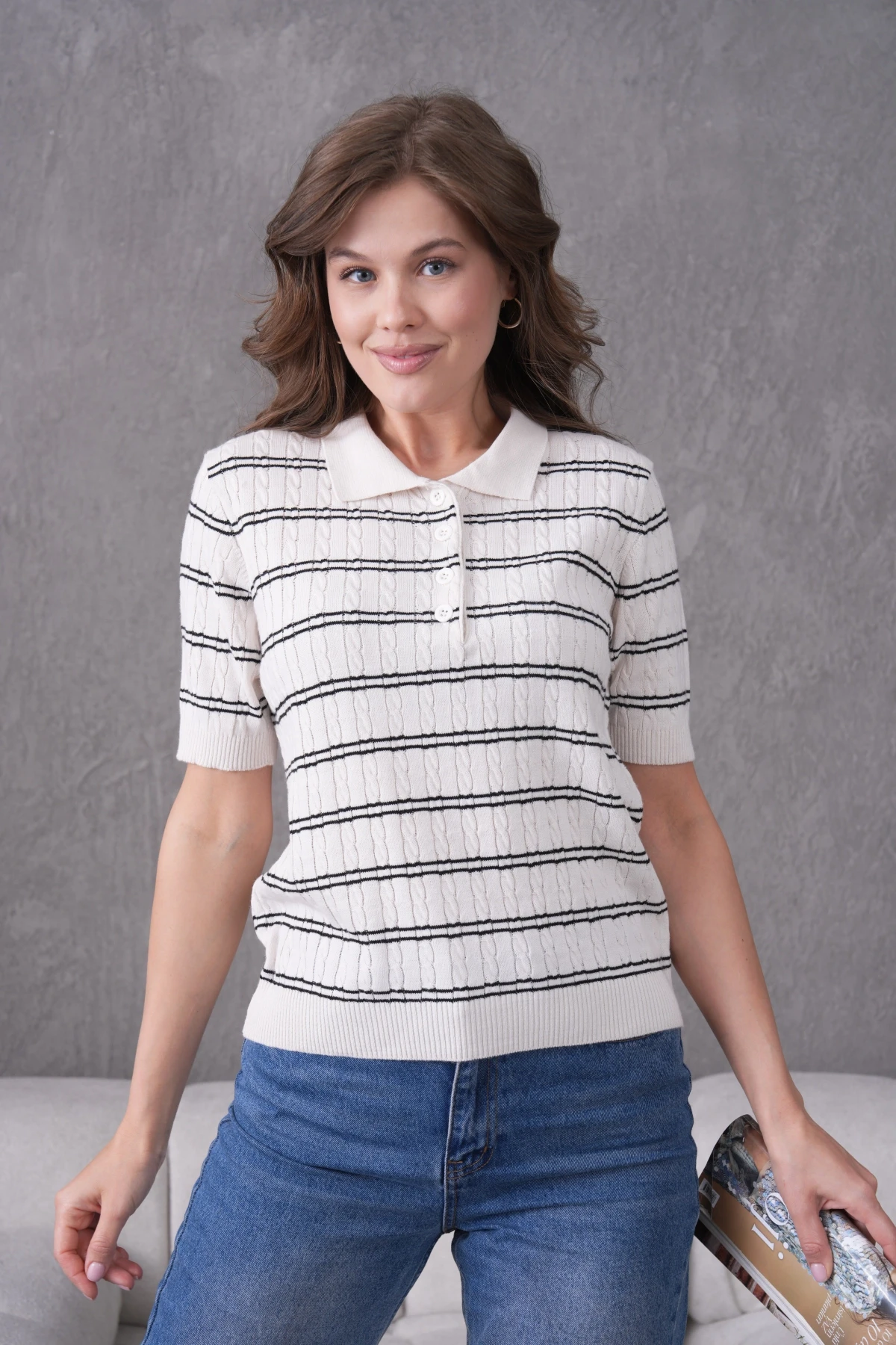 Polo Yaka Kısa Kol Desenli Polo Triko Kazak