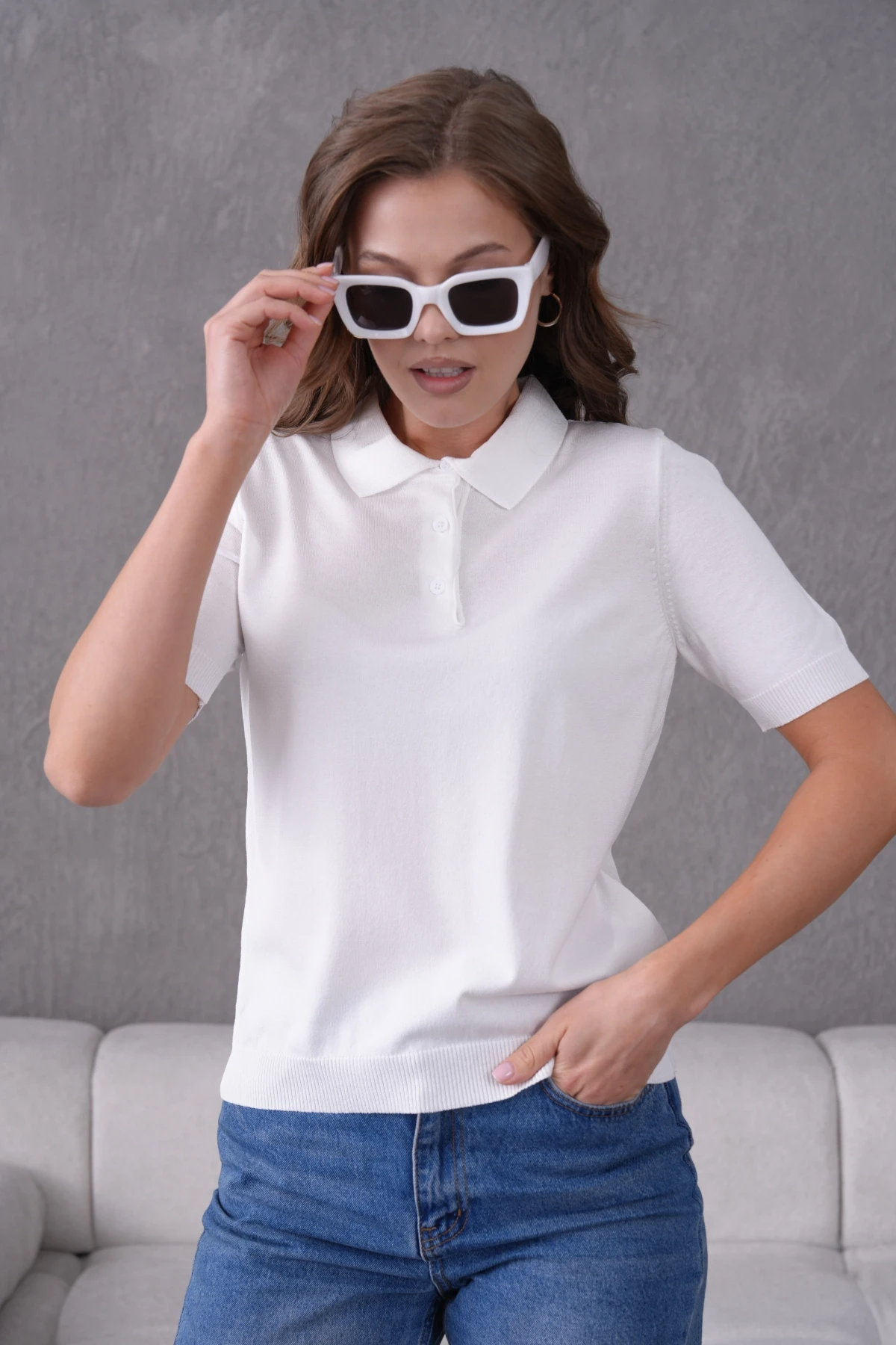 Polo Yaka Kısa Kol Merserize Triko Kazak