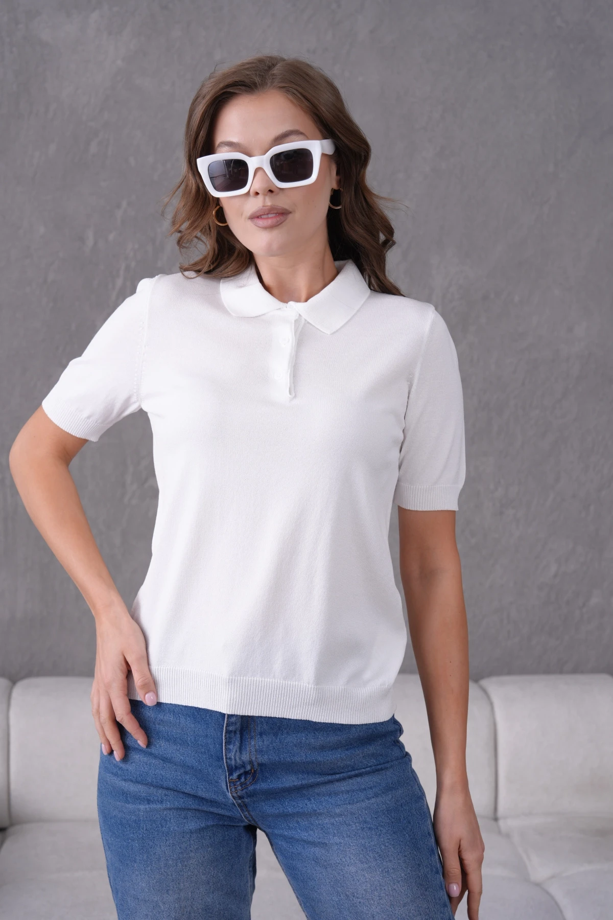 Polo Yaka Kısa Kol Merserize Triko Kazak