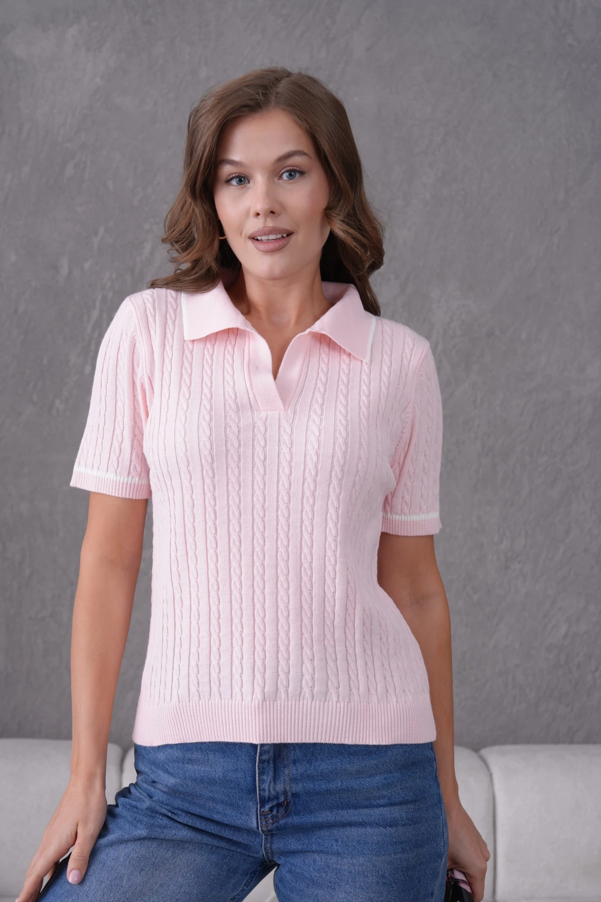 Polo Yaka Saç Örgü Kısa Kol Triko Kazak