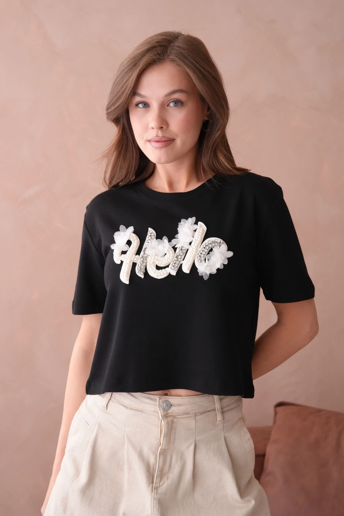 Siyah Yazlık Crop Basic T-Shirt