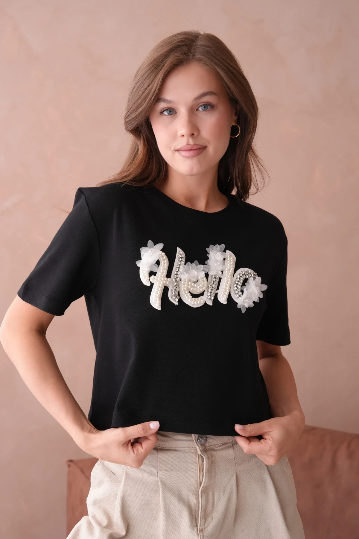 Siyah Yazlık Crop Basic T-Shirt