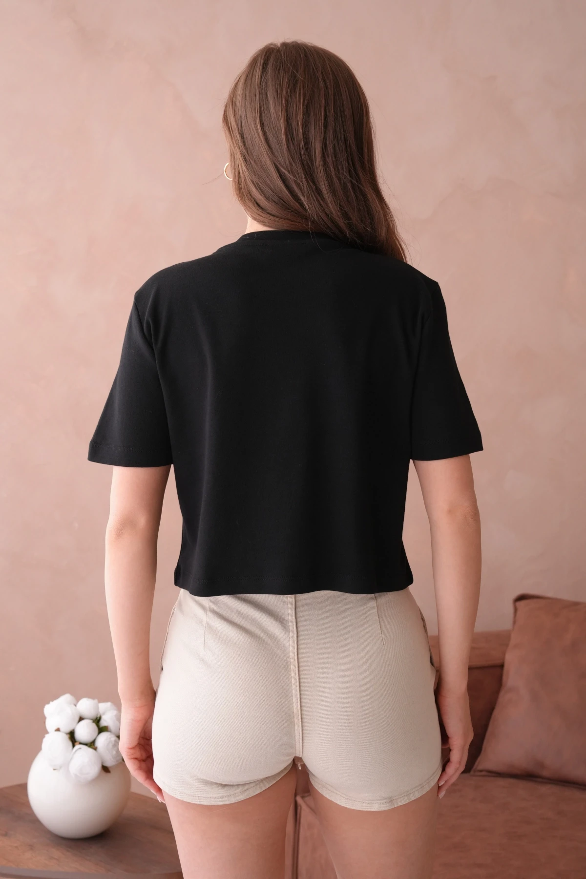 Siyah Yazlık Crop Basic T-Shirt