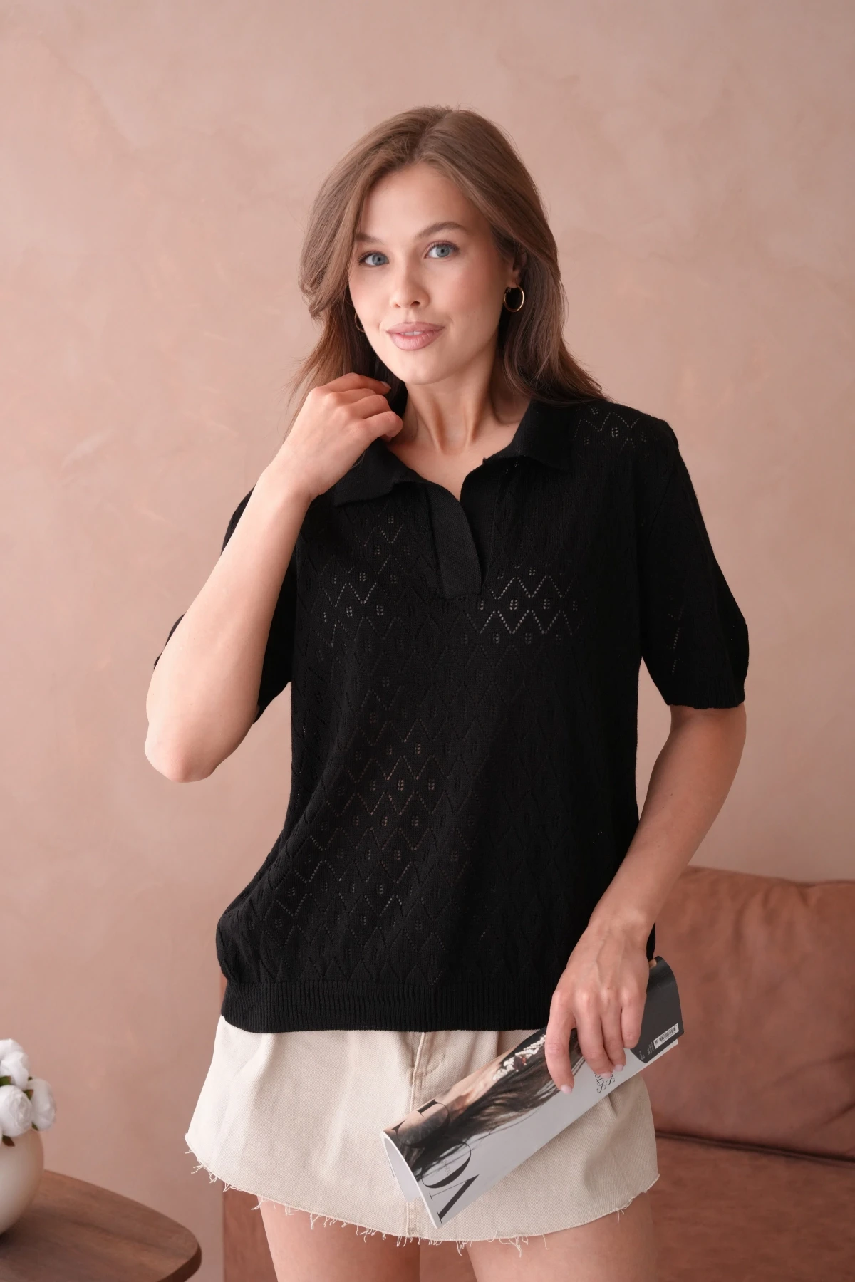 Kısa Kol Salaş Yazlık Polo Yaka Triko T-Shirt