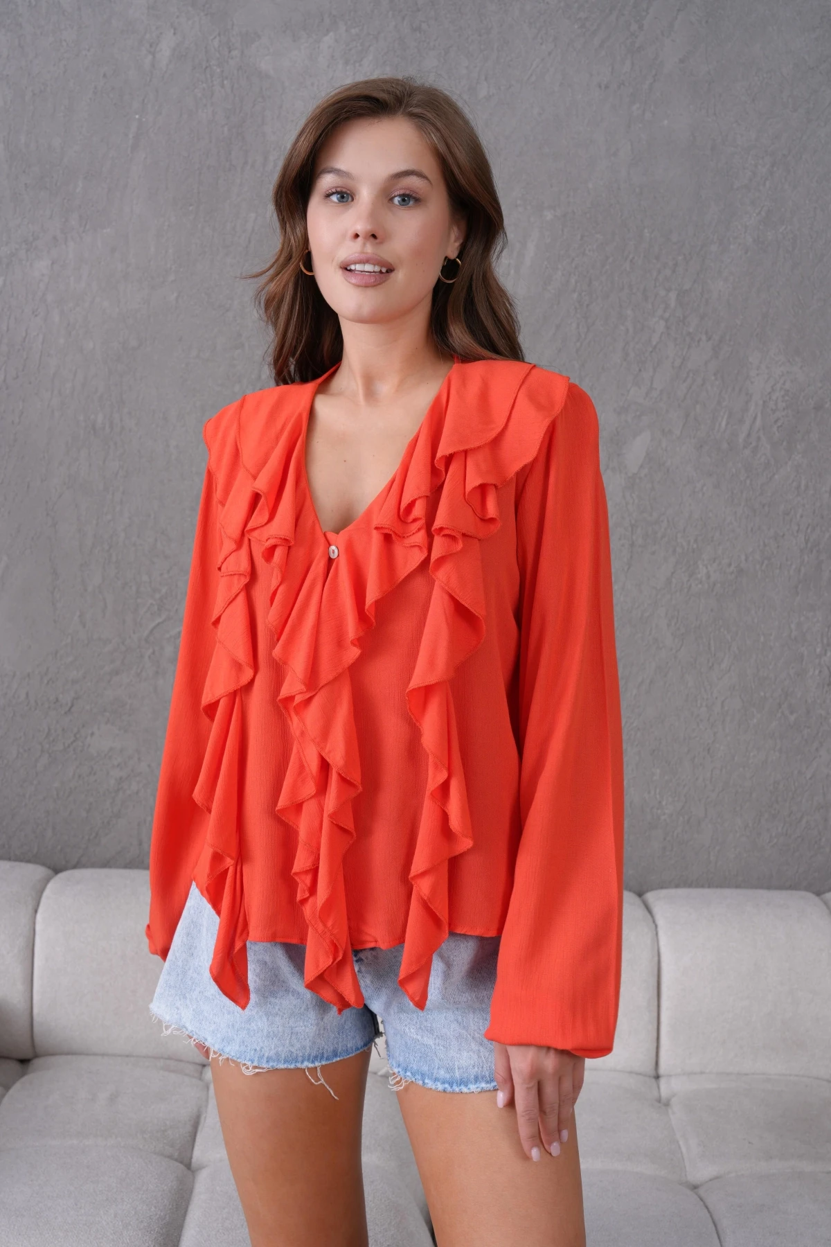 Uzun Kol Kırinkıl Yazlık Dokuma Bluz