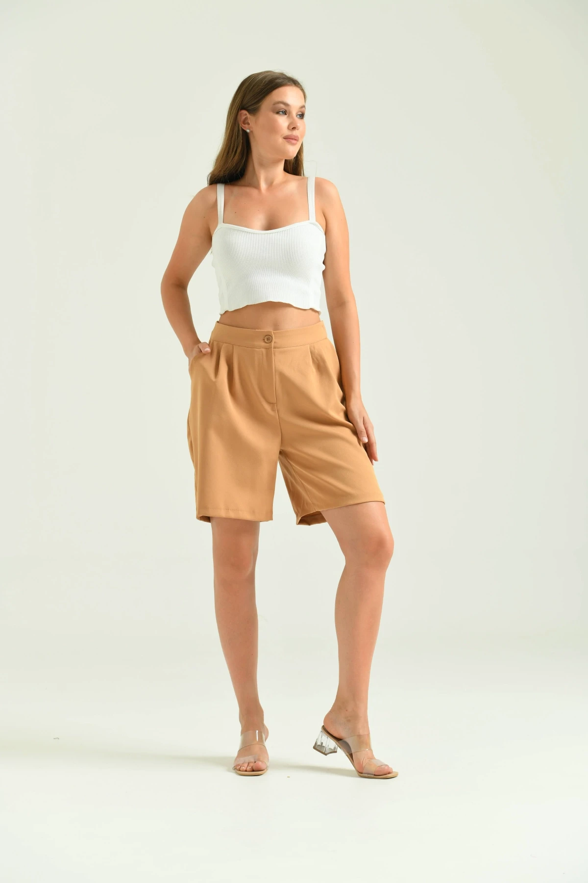 Kadın Vizon Uzun Basic Kumaş Şort