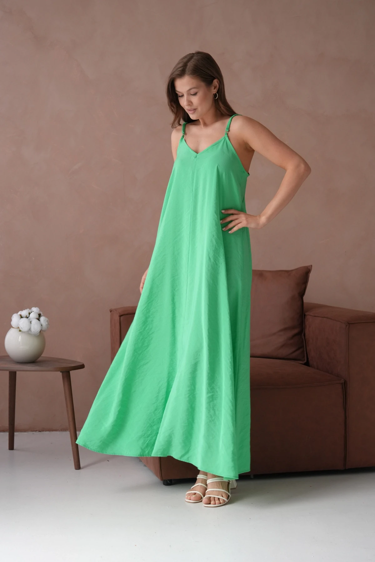 Askılı Yeşil Yazlık Elbise