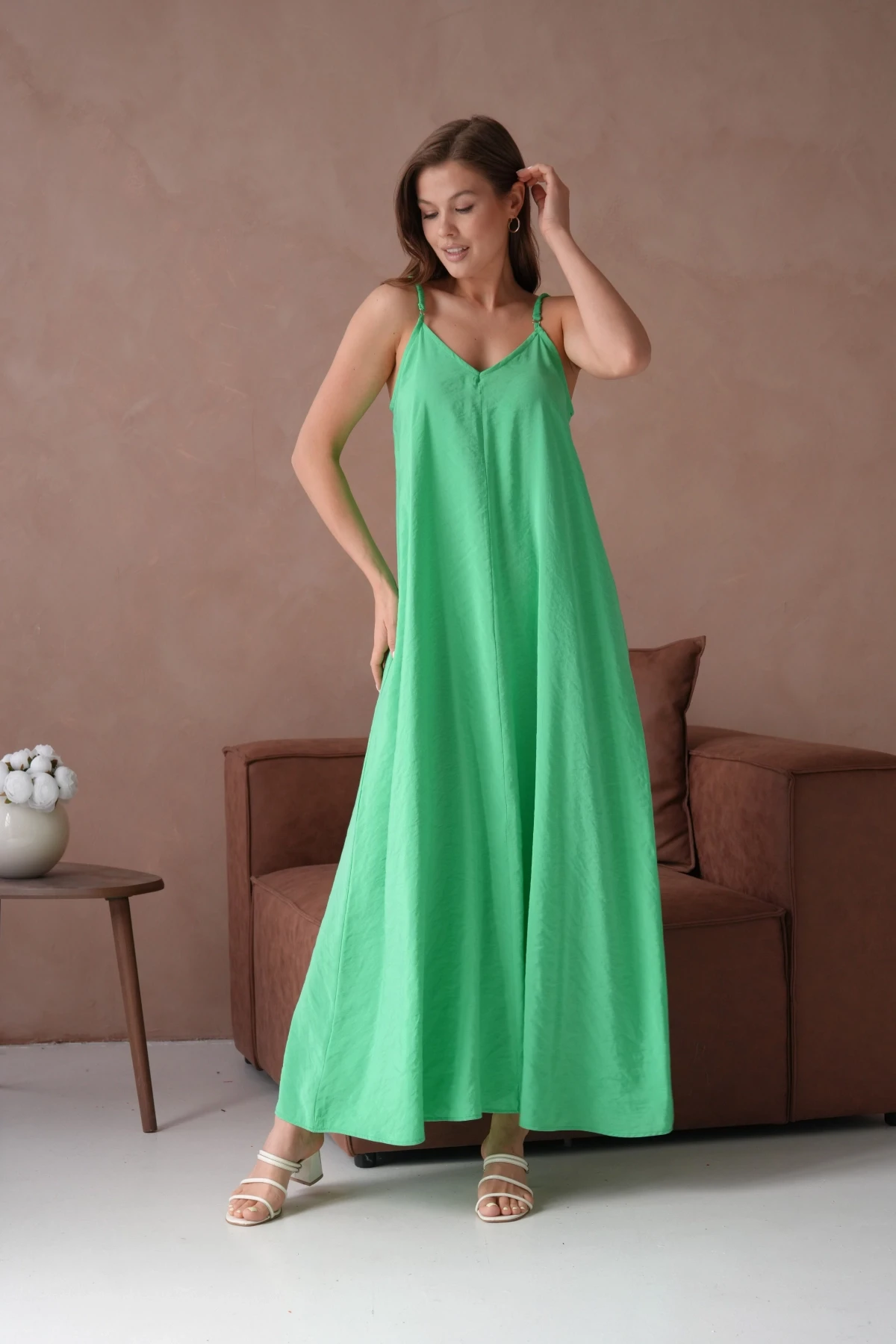 Askılı Yeşil Yazlık Elbise