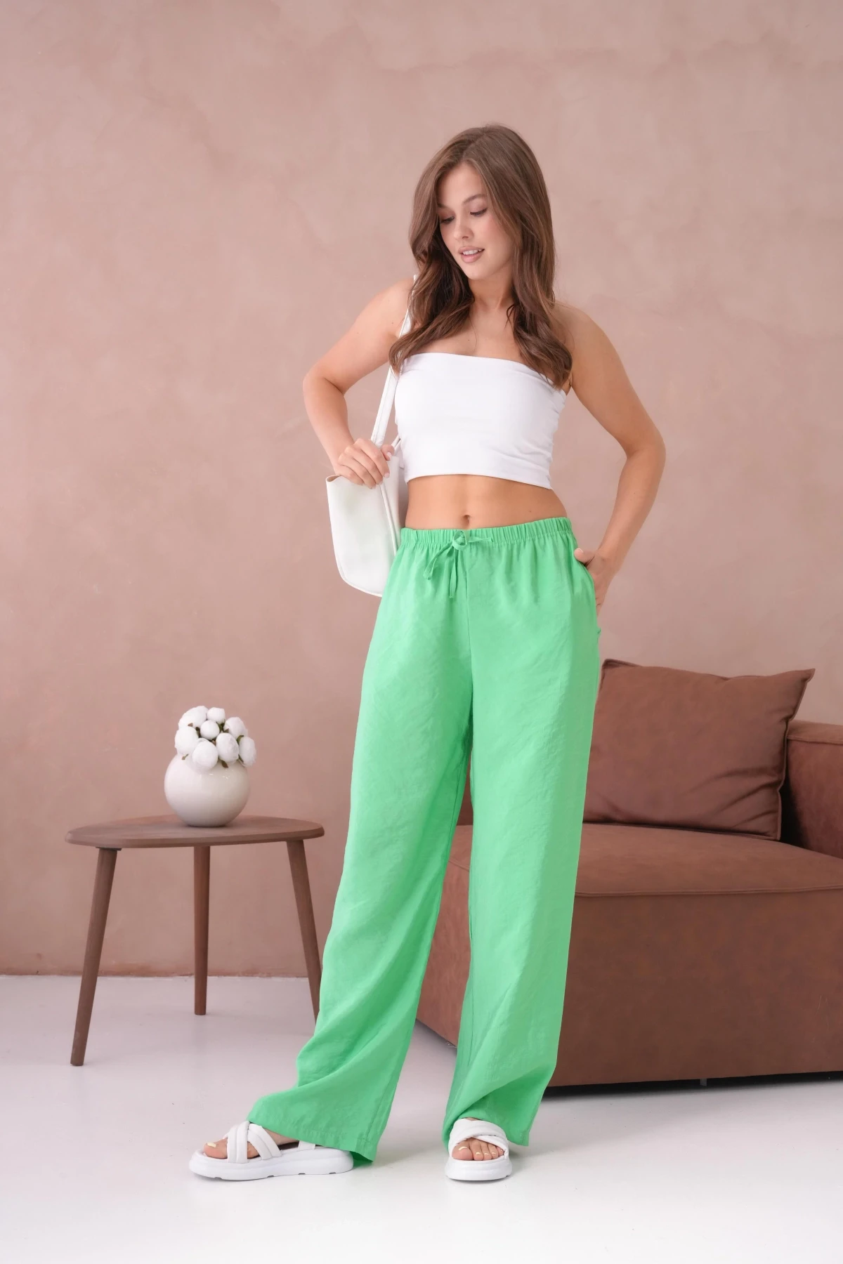 Yüksek Bel Lastikli Bol Paça Palazzo Dokuma Pantolon