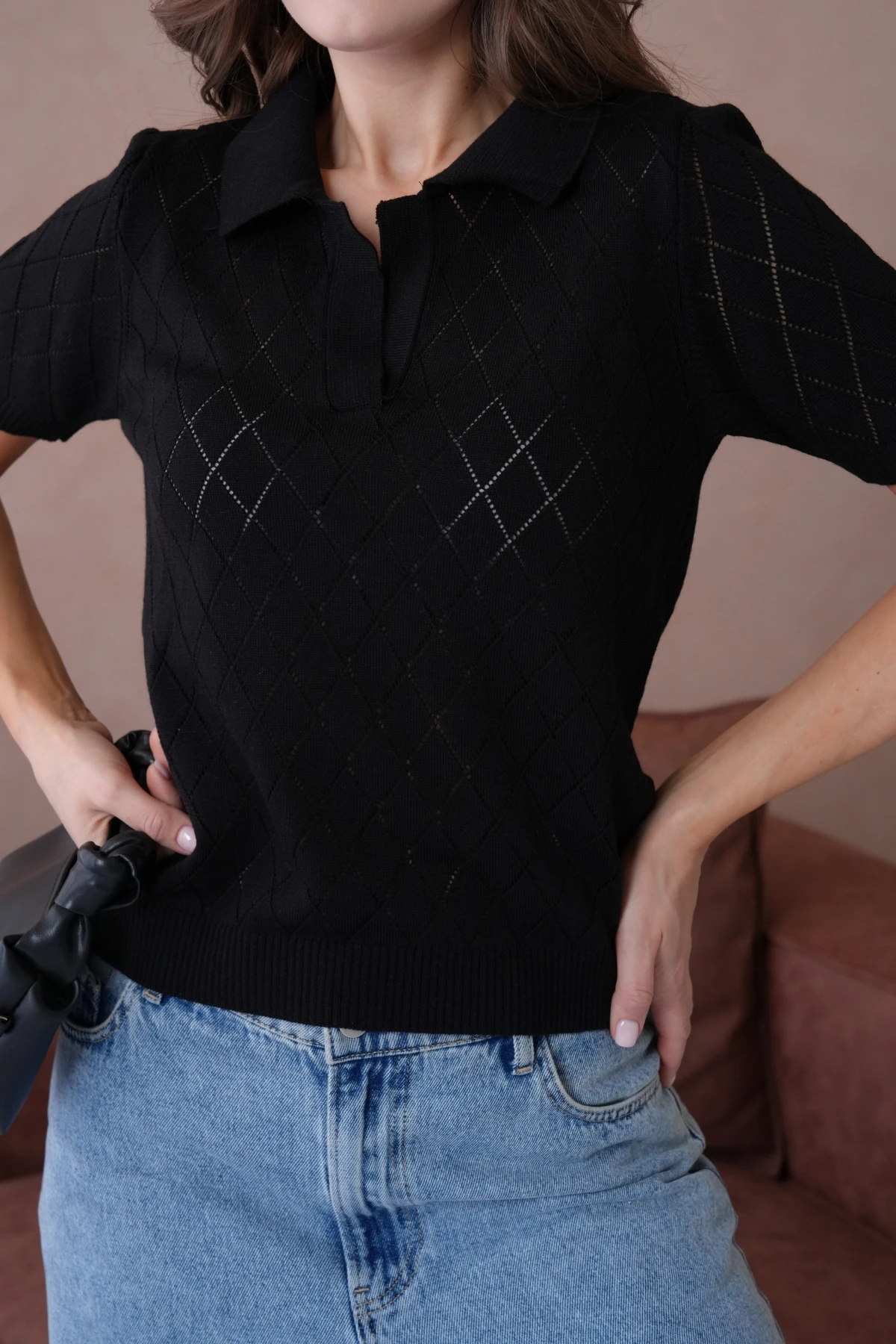 Polo Yaka Ajurlu Kısa Kol Polo Triko Kazak