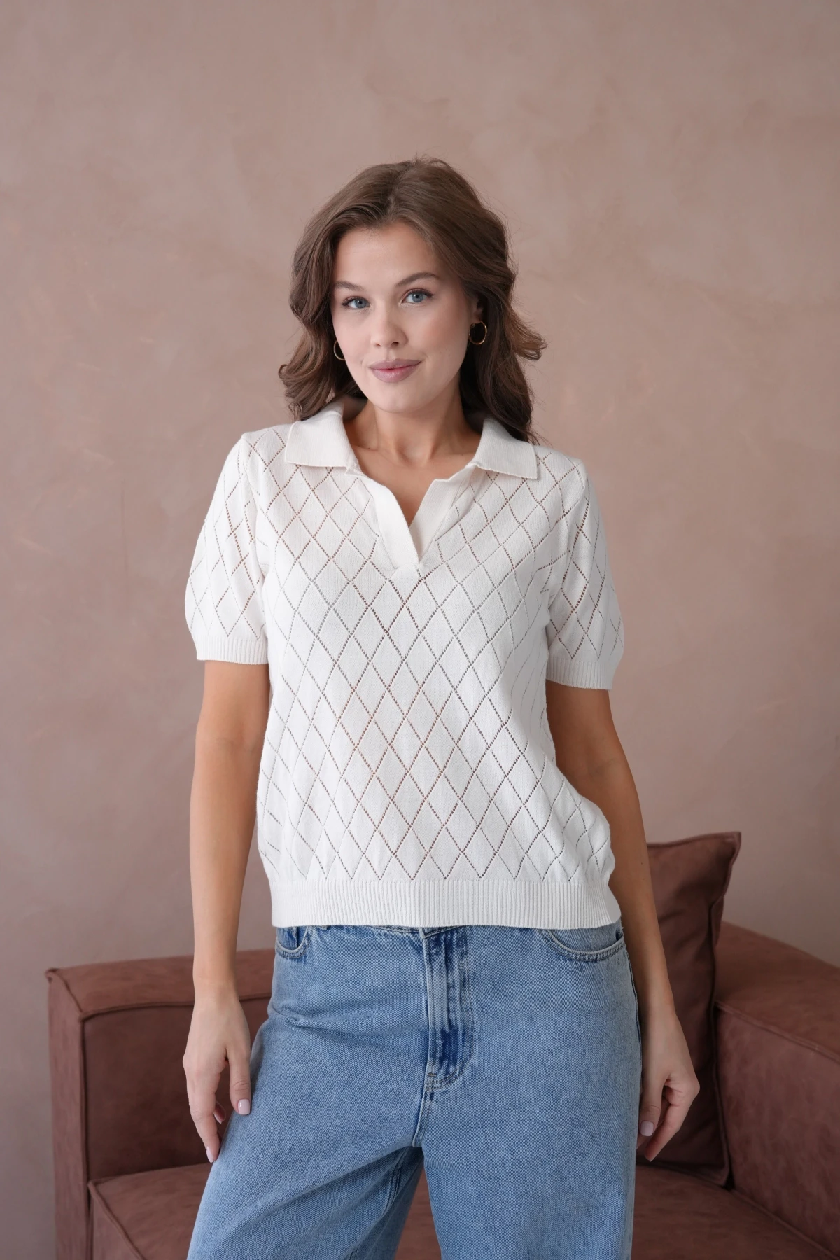 Polo Yaka Ajurlu Kısa Kol Polo Triko Kazak