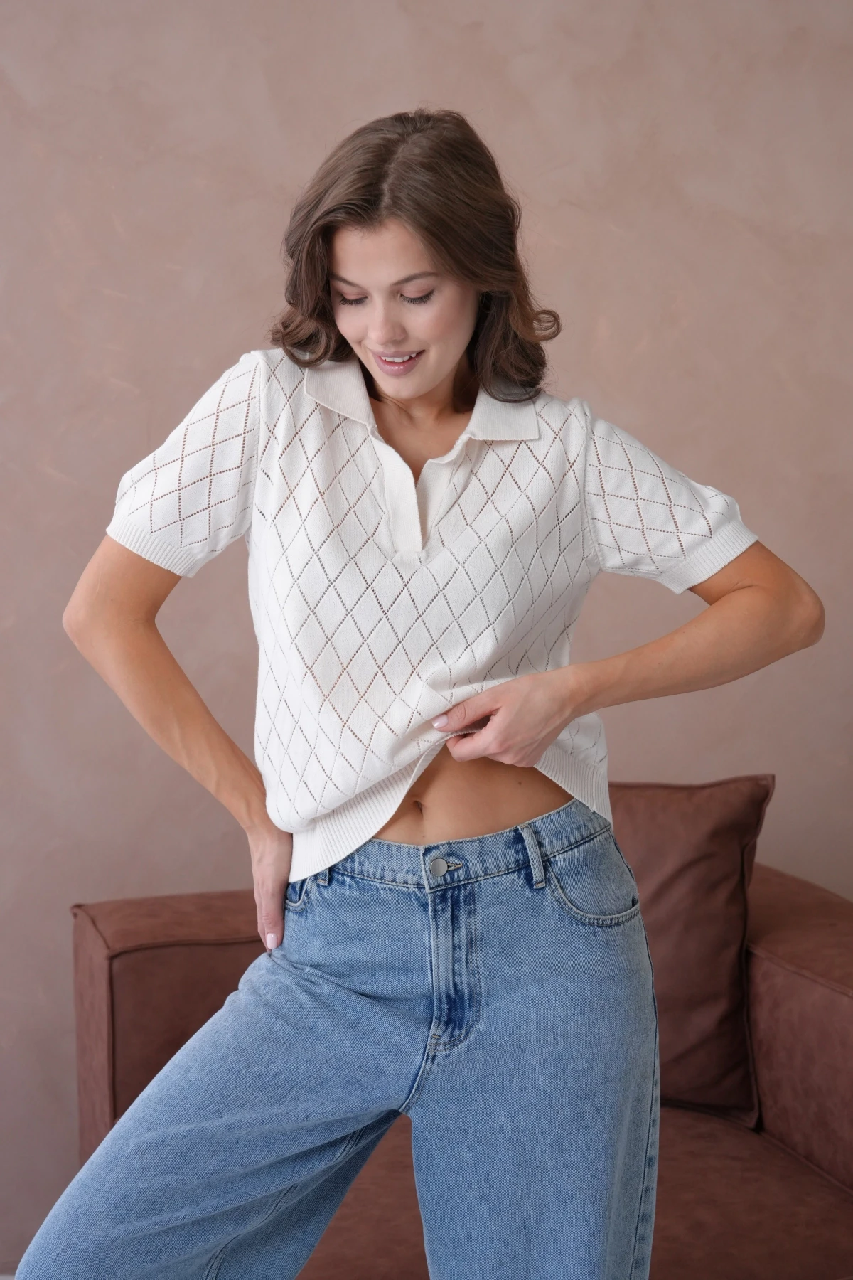 Polo Yaka Ajurlu Kısa Kol Polo Triko Kazak