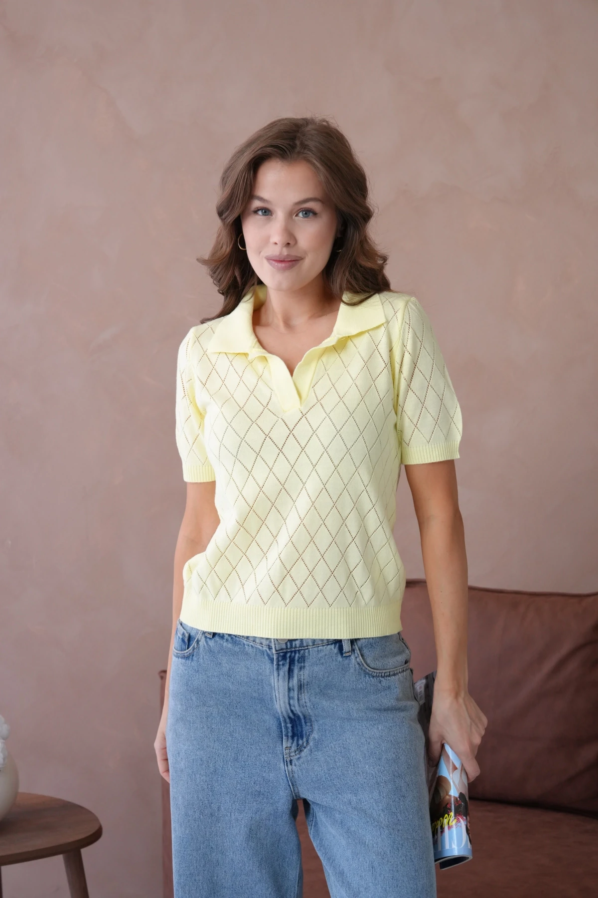 Polo Yaka Ajurlu Kısa Kol Polo Triko Kazak