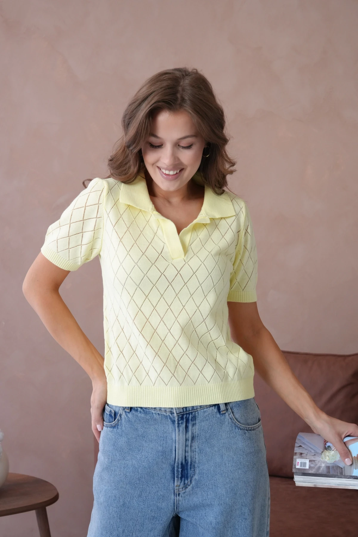 Polo Yaka Ajurlu Kısa Kol Polo Triko Kazak