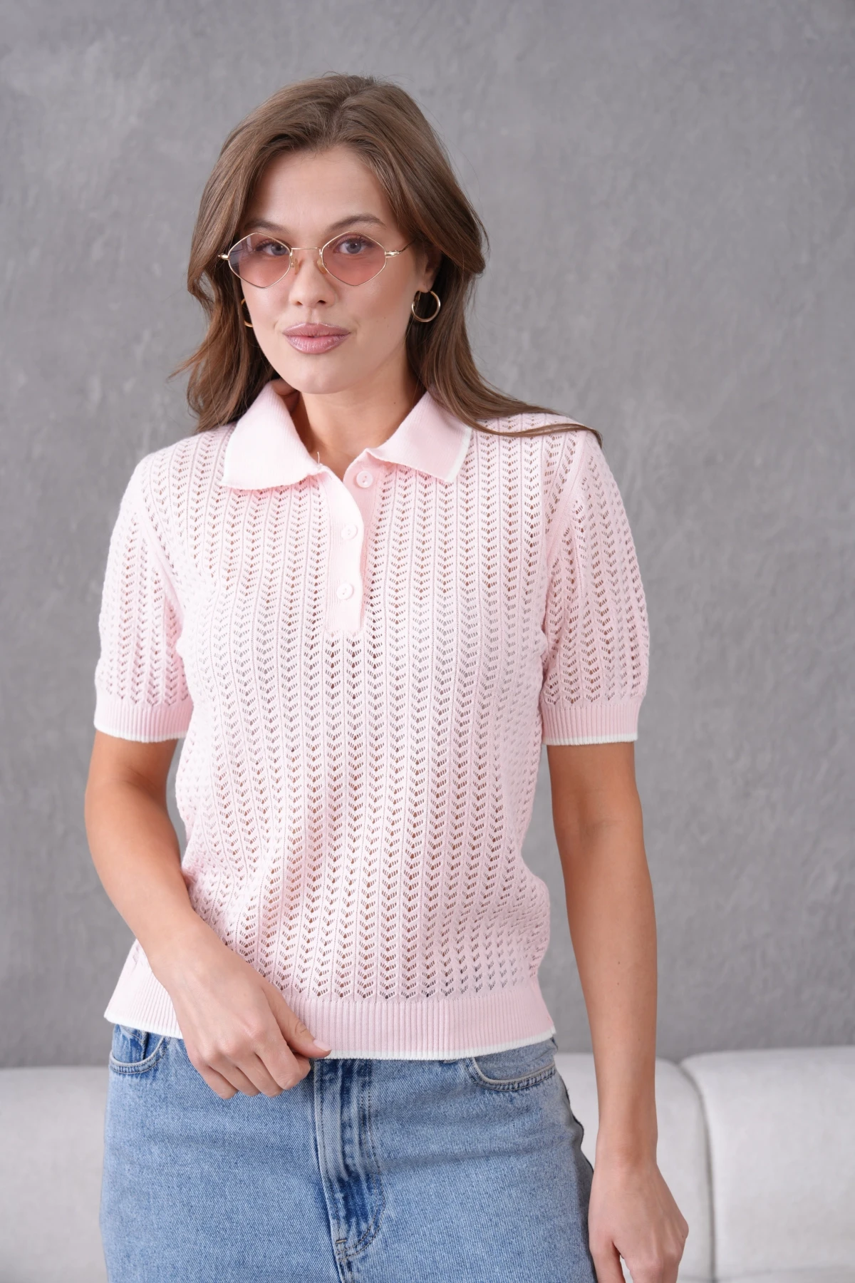 Polo Yaka Ajurlu Kısa Kol Triko Kazak