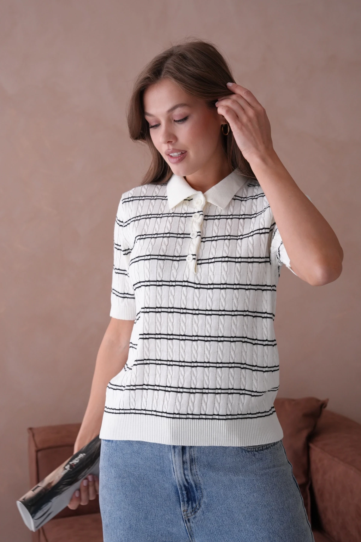 Polo Yaka Kısa Kol Desenli Polo Triko Kazak