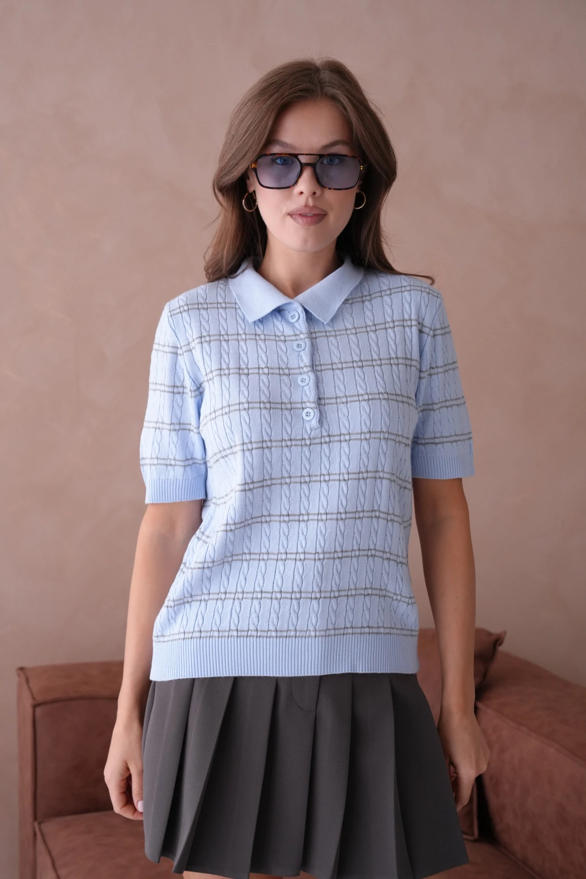 Polo Yaka Kısa Kol Desenli Polo Triko Kazak