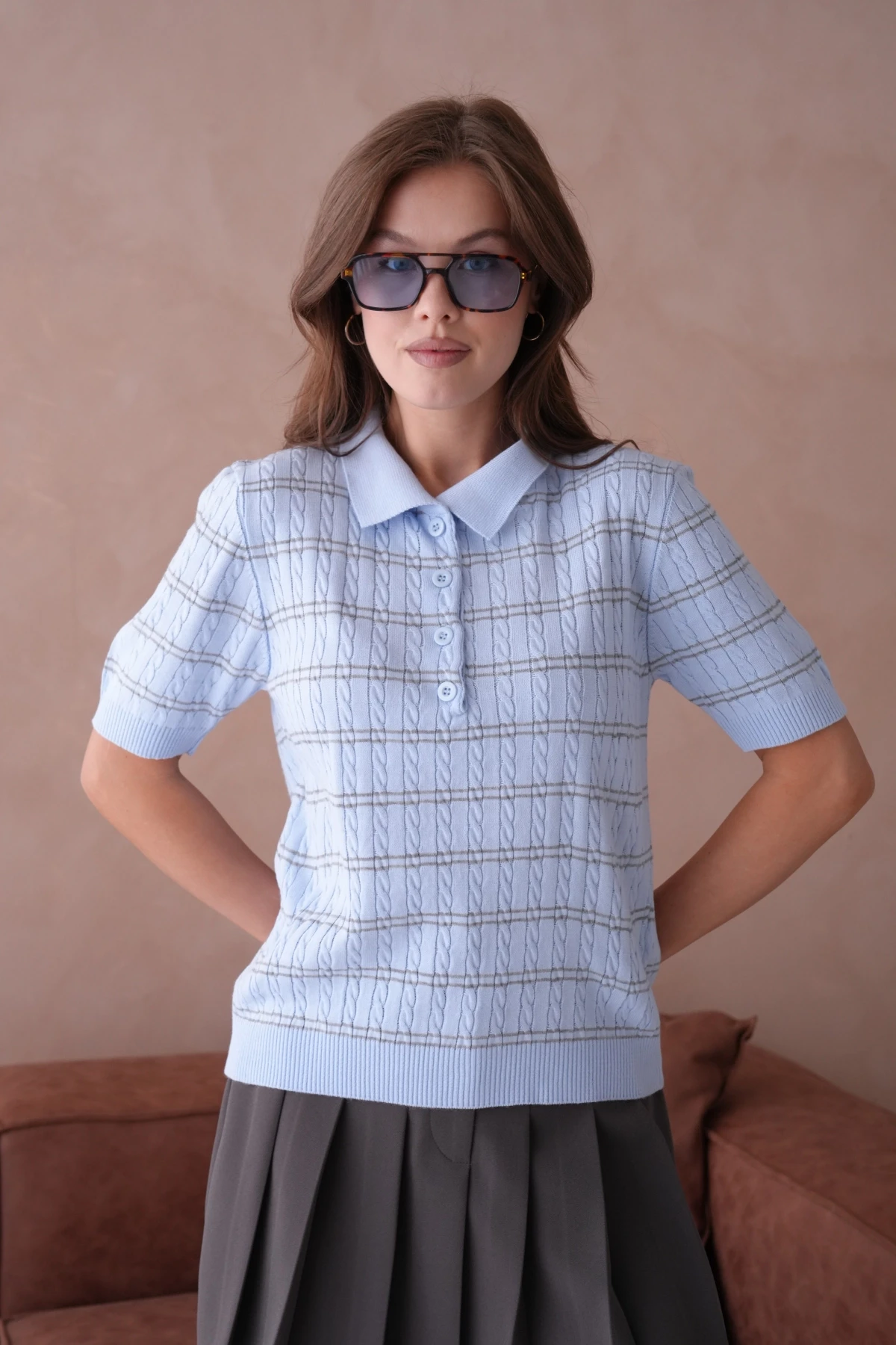 Polo Yaka Kısa Kol Desenli Polo Triko Kazak