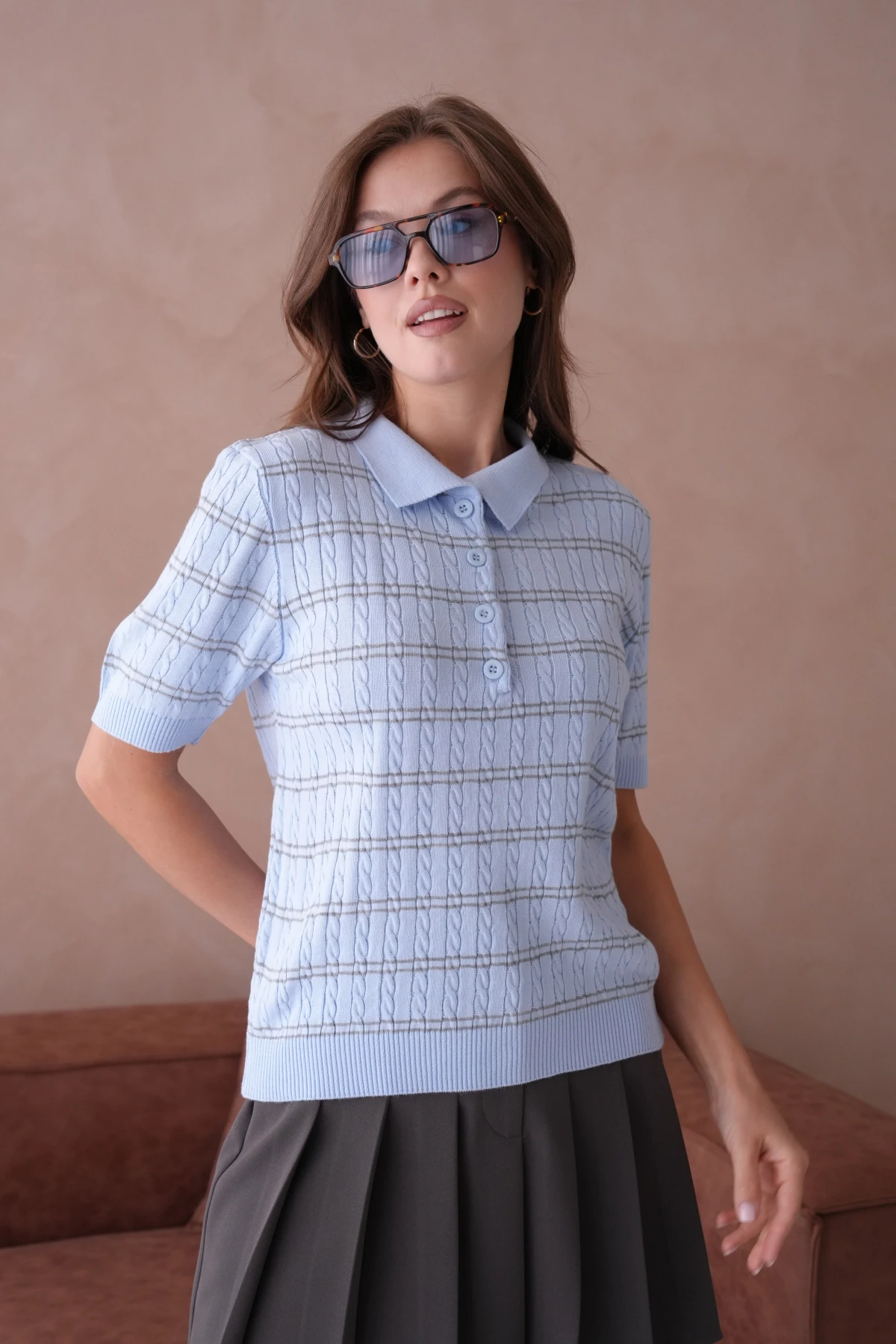 Polo Yaka Kısa Kol Desenli Polo Triko Kazak