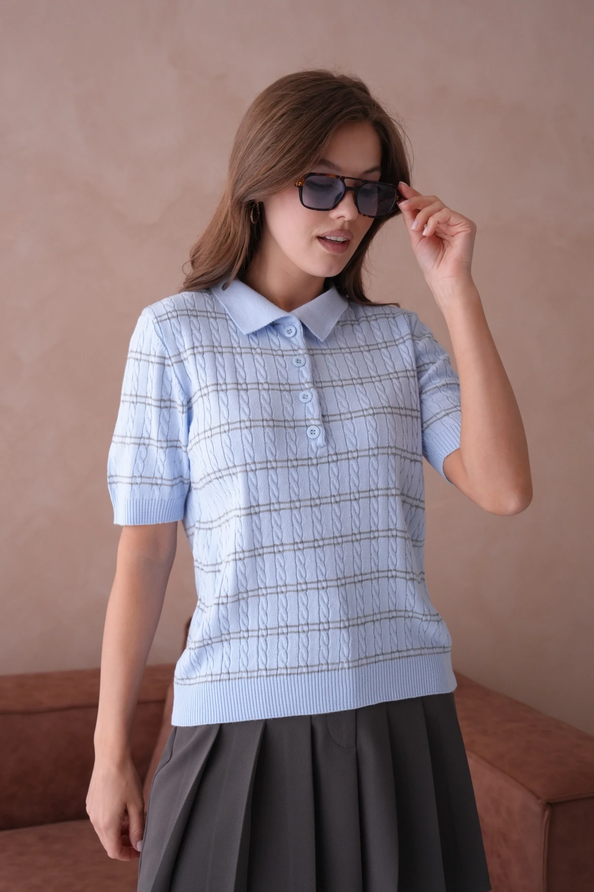 Polo Yaka Kısa Kol Desenli Polo Triko Kazak