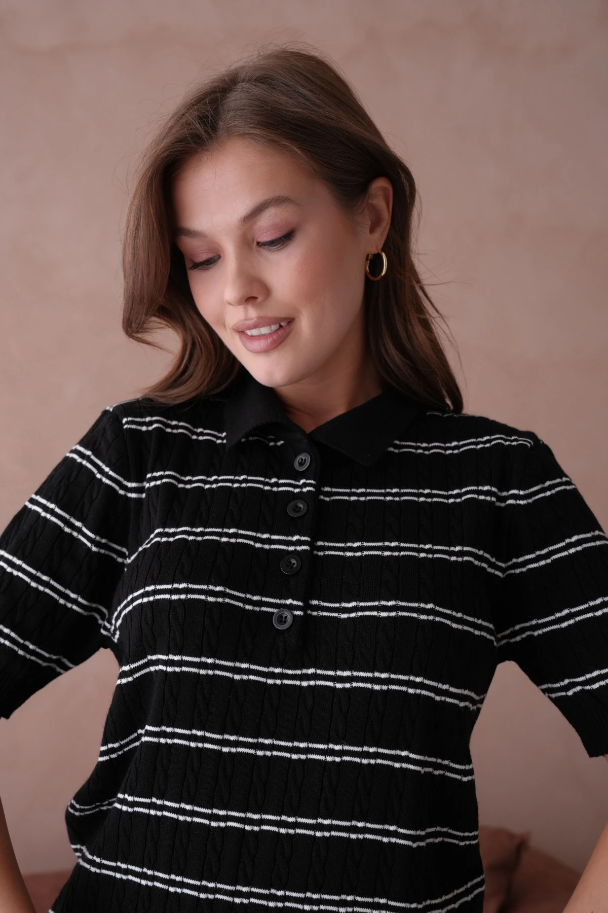 Polo Yaka Kısa Kol Desenli Polo Triko Kazak