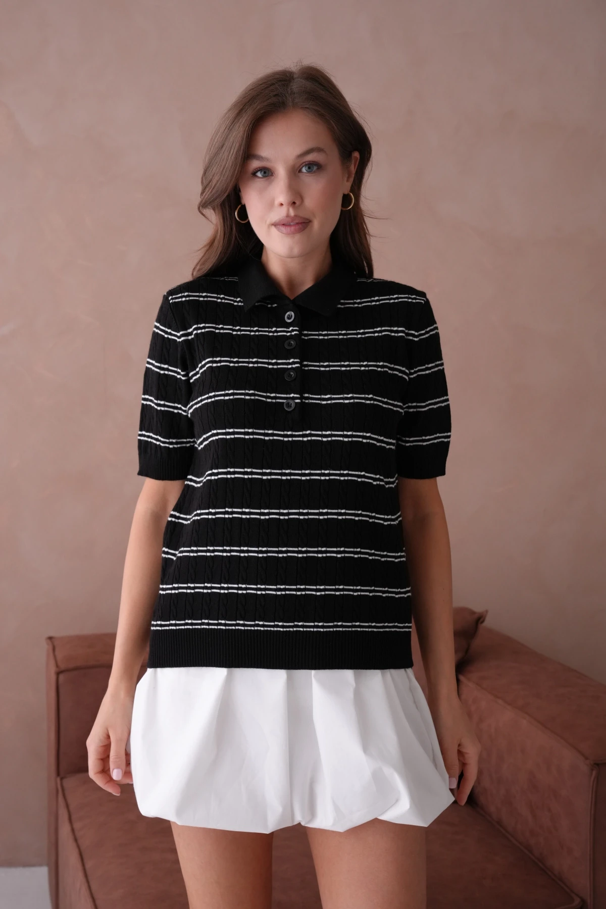 Polo Yaka Kısa Kol Desenli Polo Triko Kazak