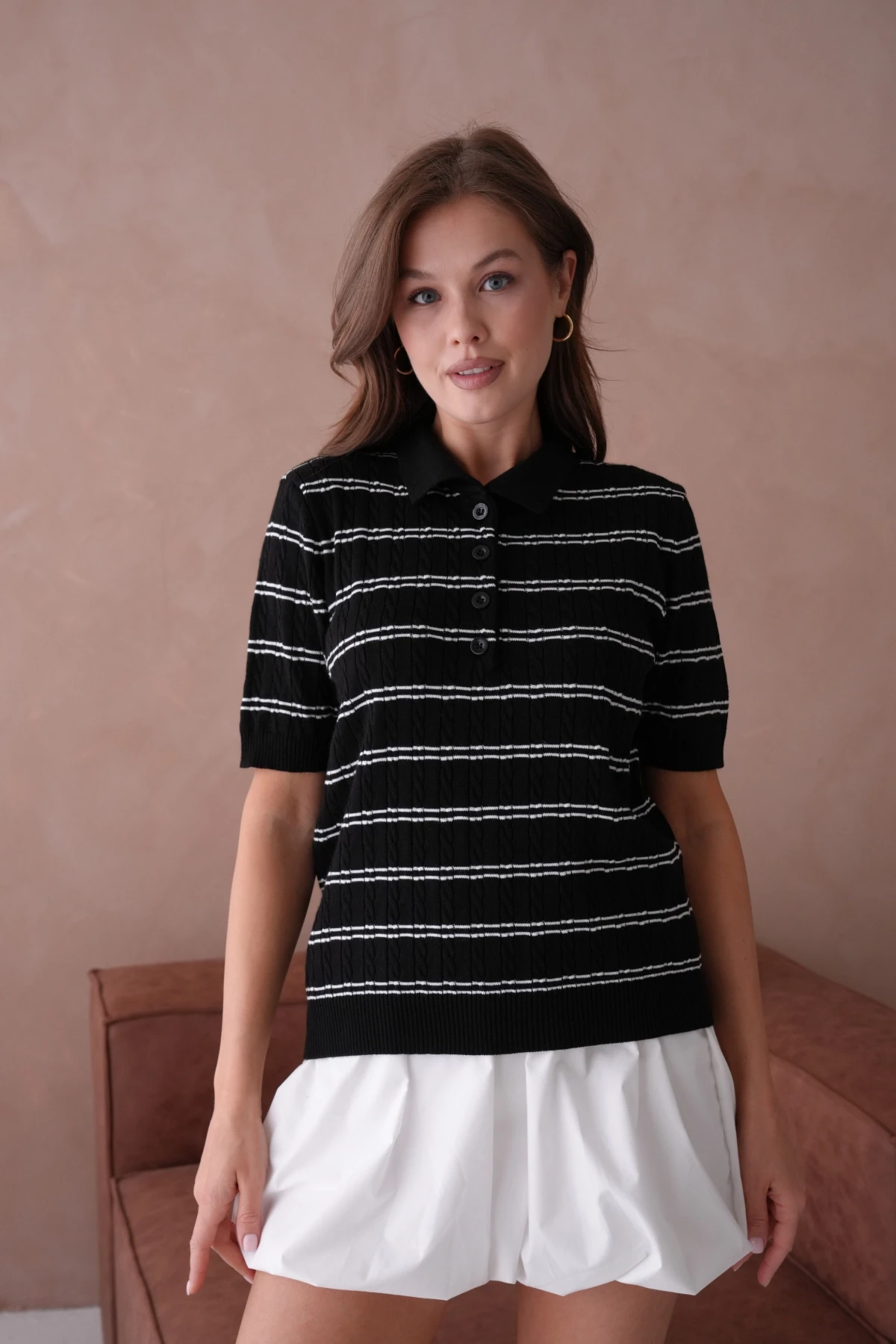 Polo Yaka Kısa Kol Desenli Polo Triko Kazak