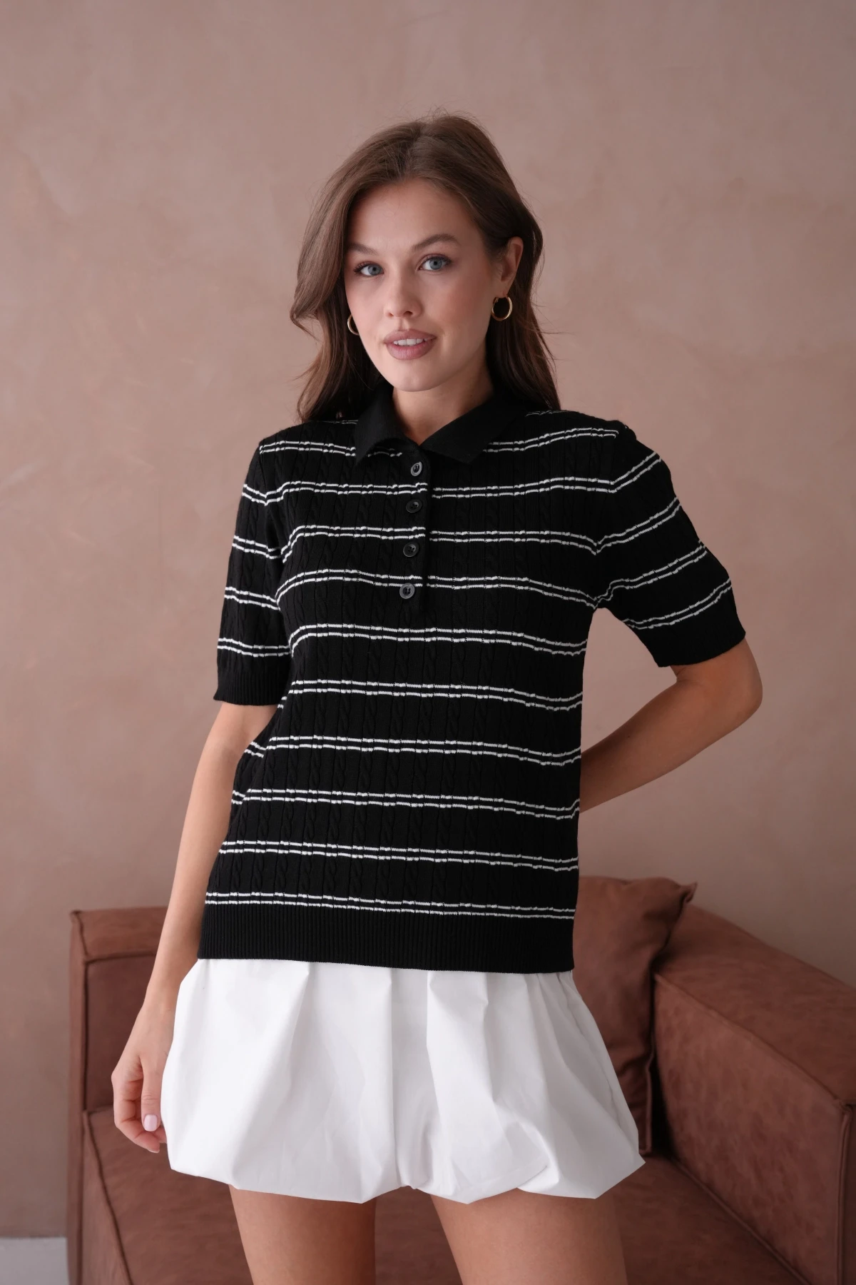 Polo Yaka Kısa Kol Desenli Polo Triko Kazak