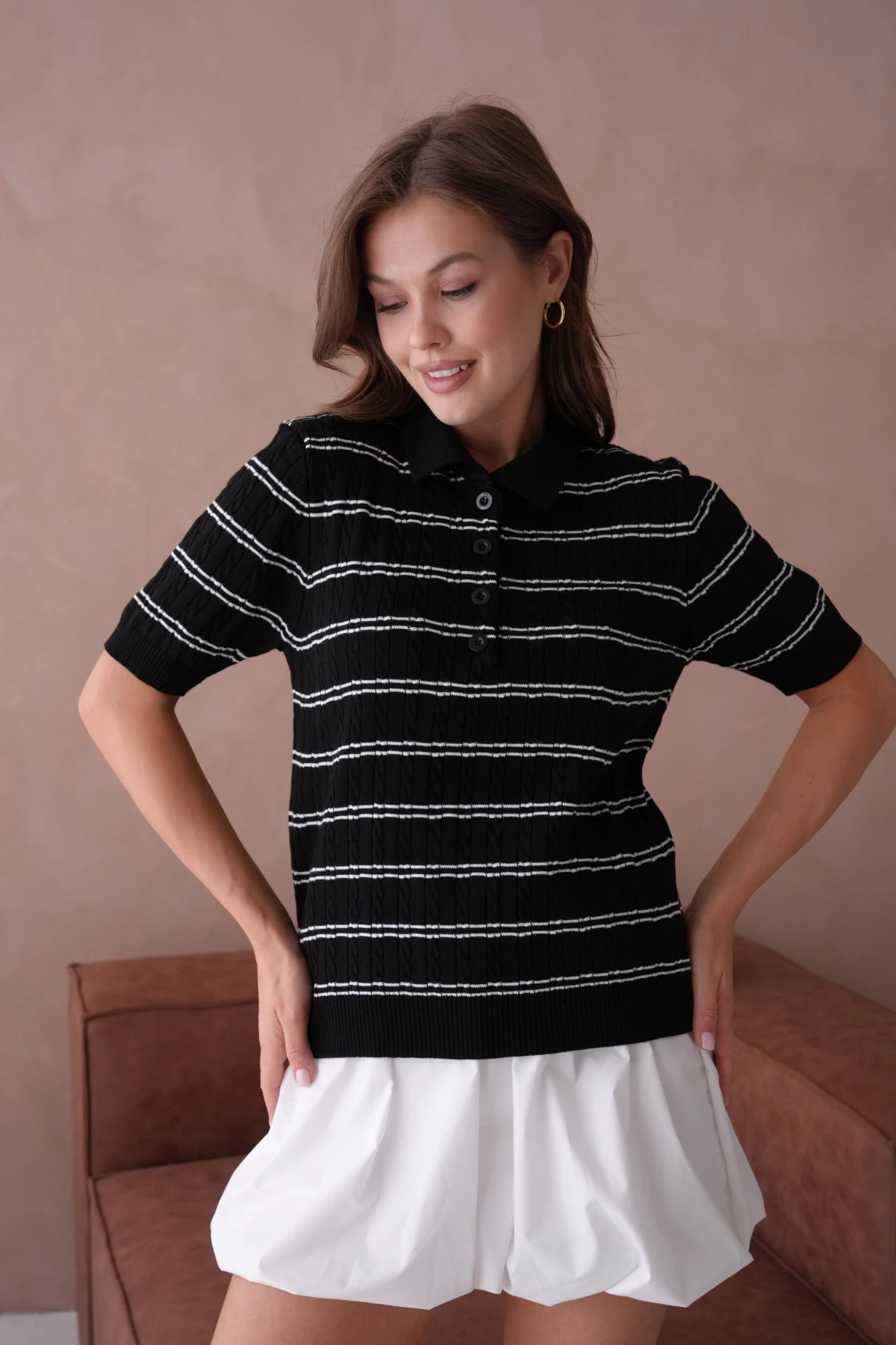 Polo Yaka Kısa Kol Desenli Polo Triko Kazak